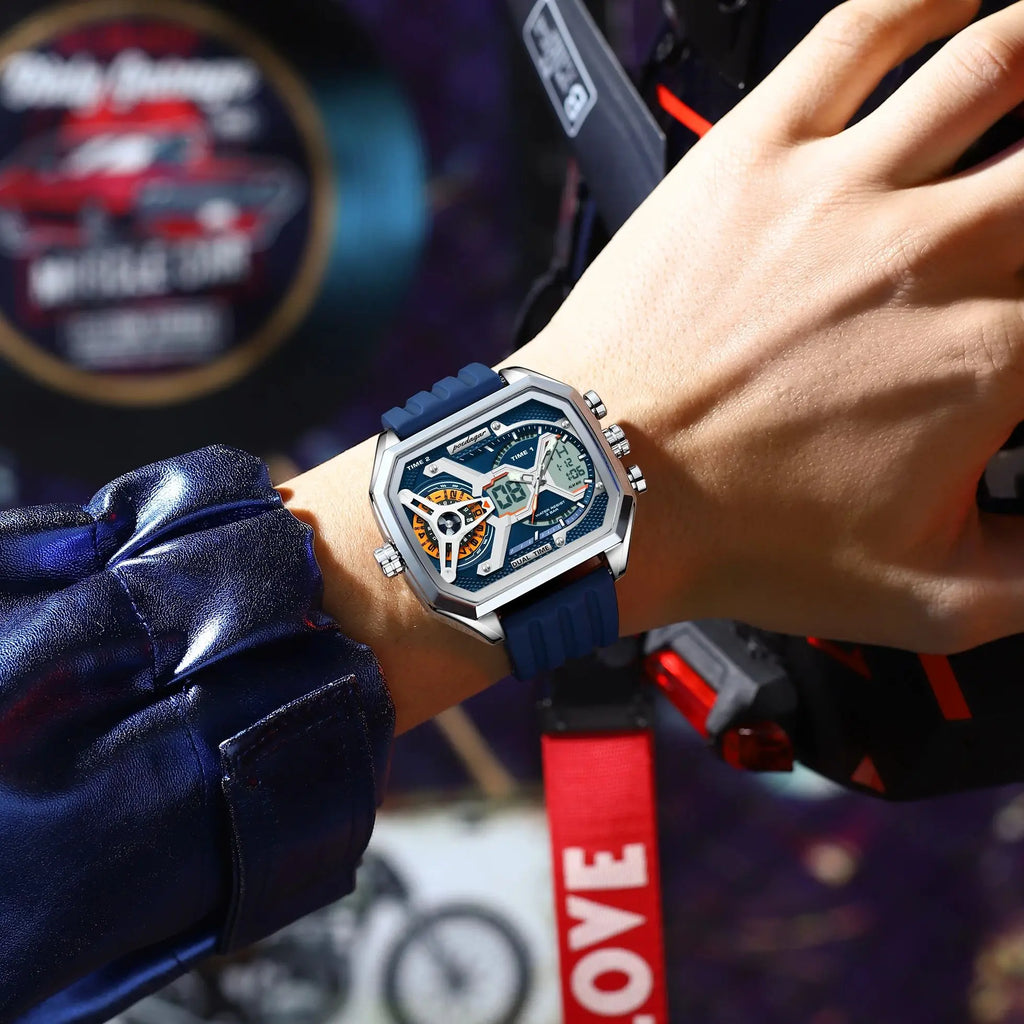 LED Analog-Digital Chronograph Watch – Dual Time & Alarm with Silicone Strap