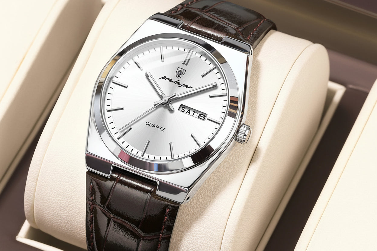 Full Calendar Leather Watch – Luminous Dial with Date, Week & Classic Buckle