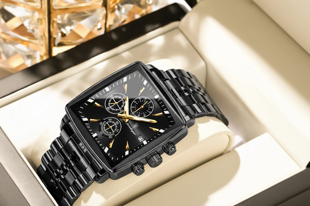 Square Chronograph Watch – Luminous Numberless Dial with Hidden Clasp Bracelet