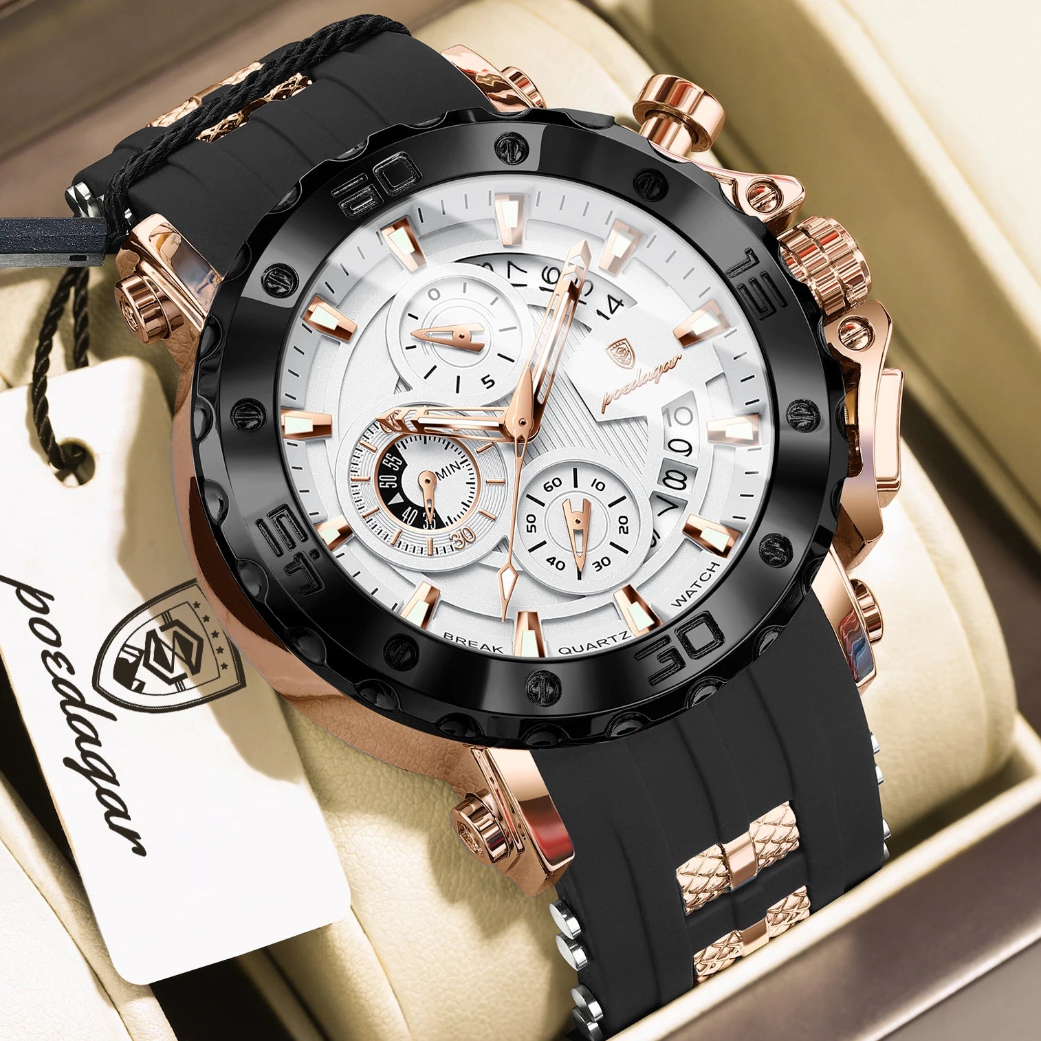 Large Chronograph Sport Watch – Full Calendar with Silicone Strap & Luminous Dial