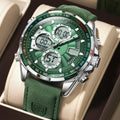 LED Analog-Digital Chronograph Watch – Dual Time & Alarm with Leather Strap