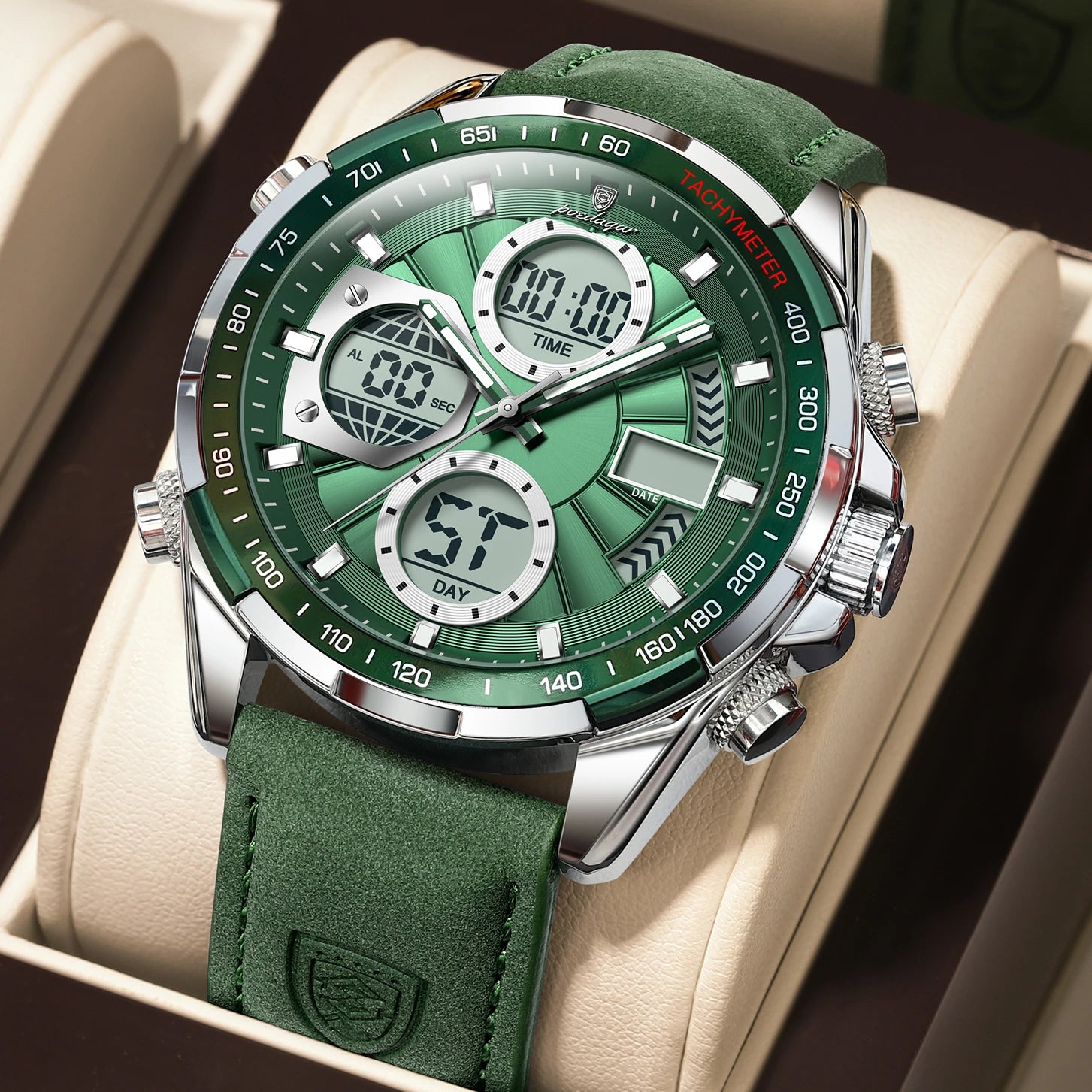 LED Analog-Digital Chronograph Watch – Dual Time & Alarm with Leather Strap
