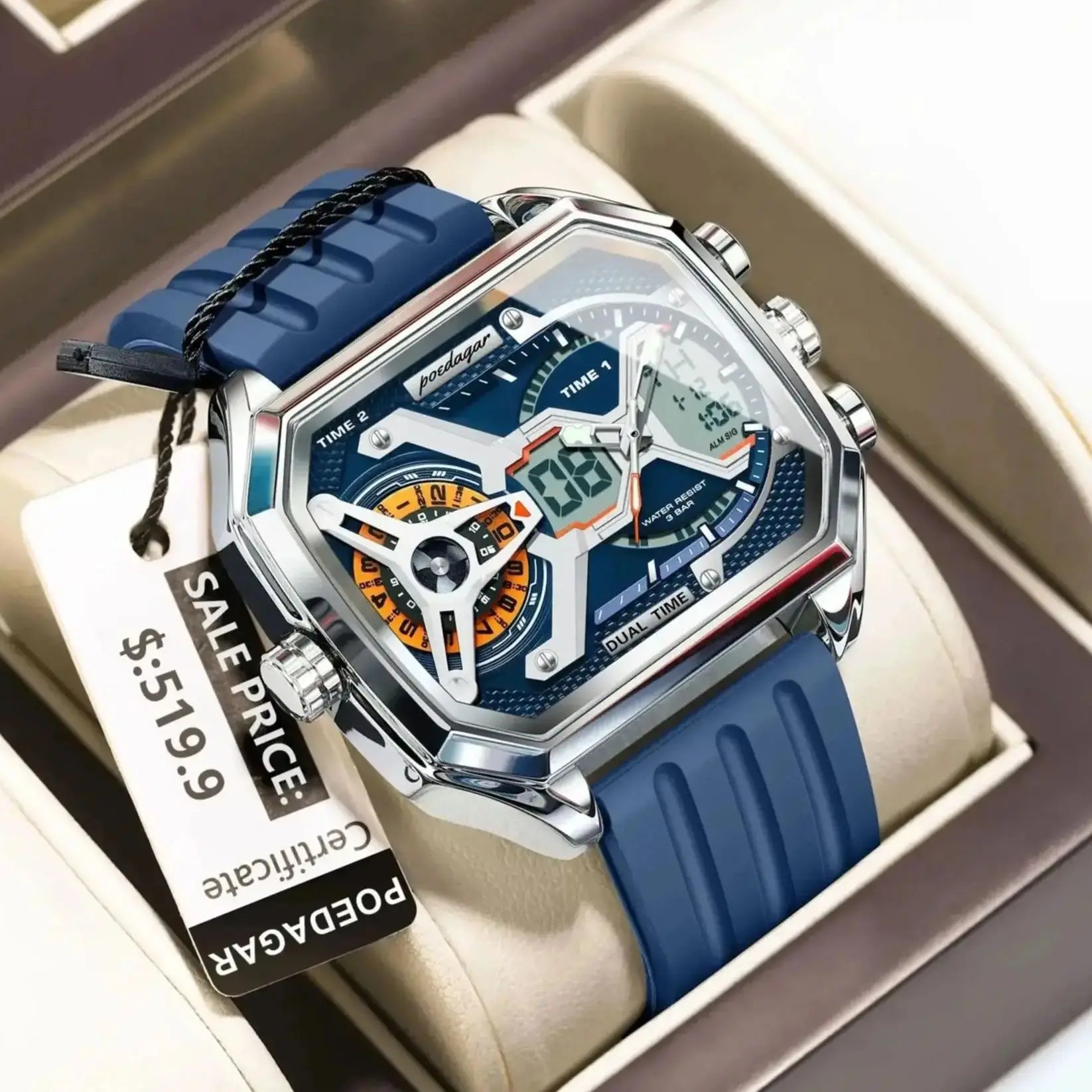 LED Analog-Digital Chronograph Watch – Dual Time & Alarm with Silicone Strap