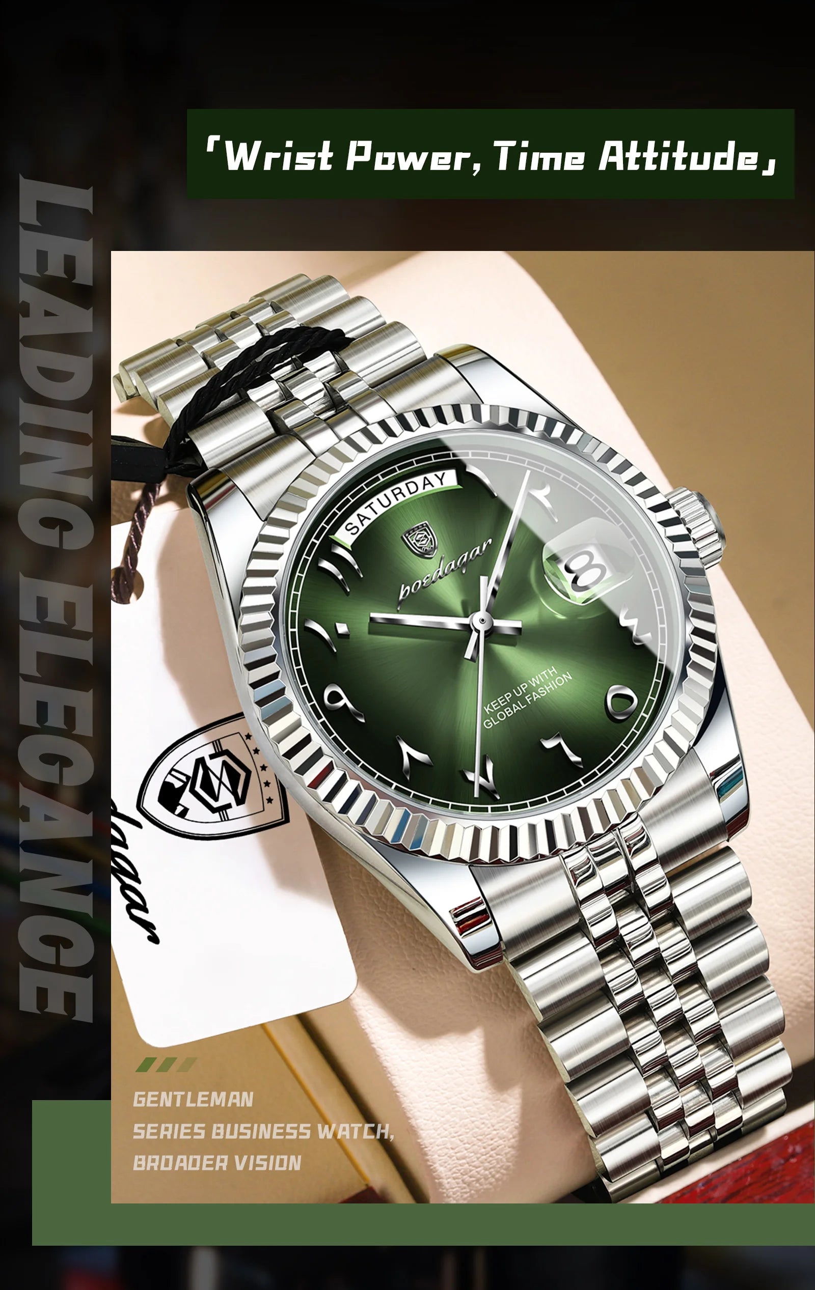 Full Calendar Slim Watch – Date & Week Display with Hidden Clasp Bracelet