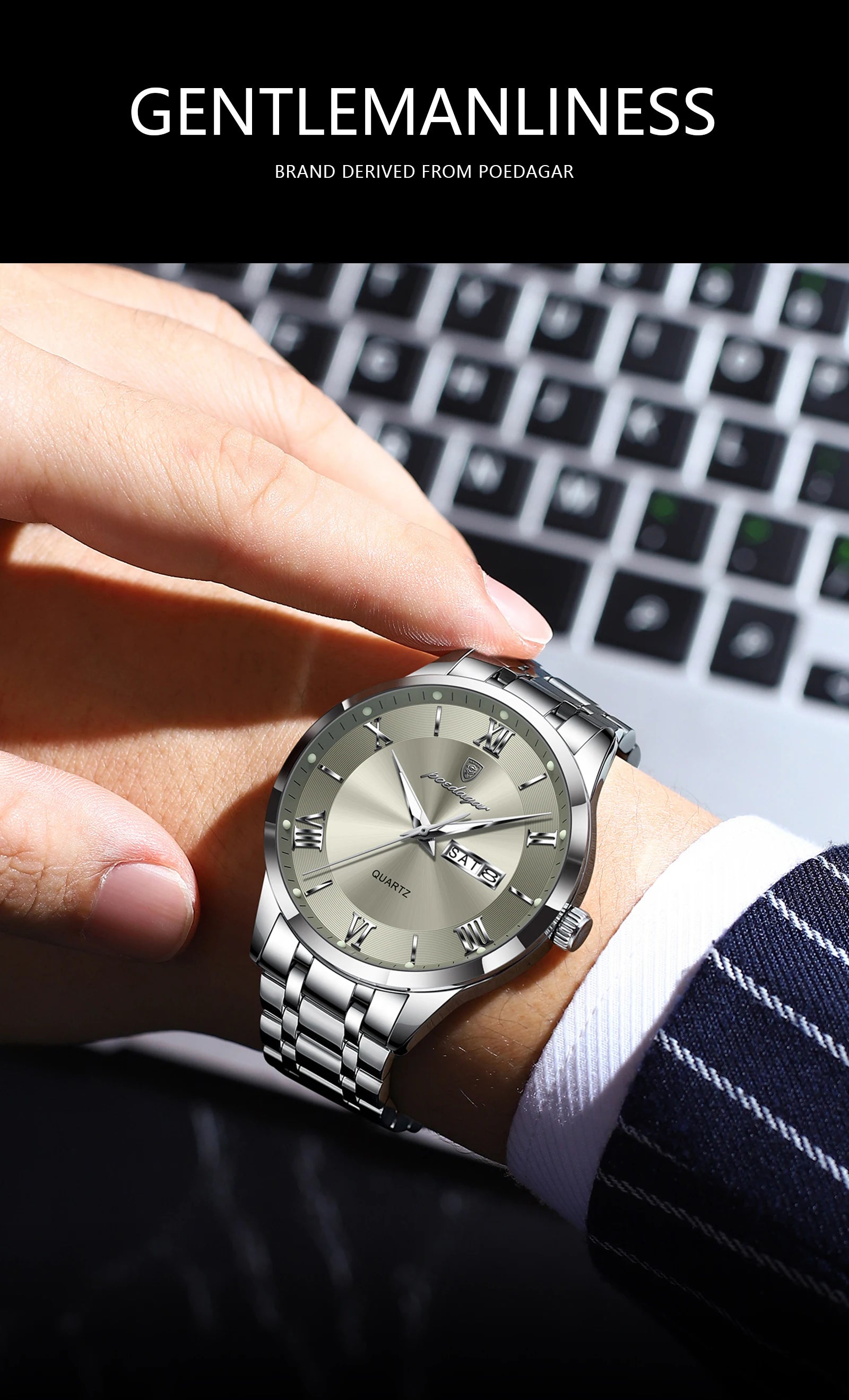 Roman Numeral Full Calendar Watch – Luminous Dial with Date, Week & Hidden Clasp