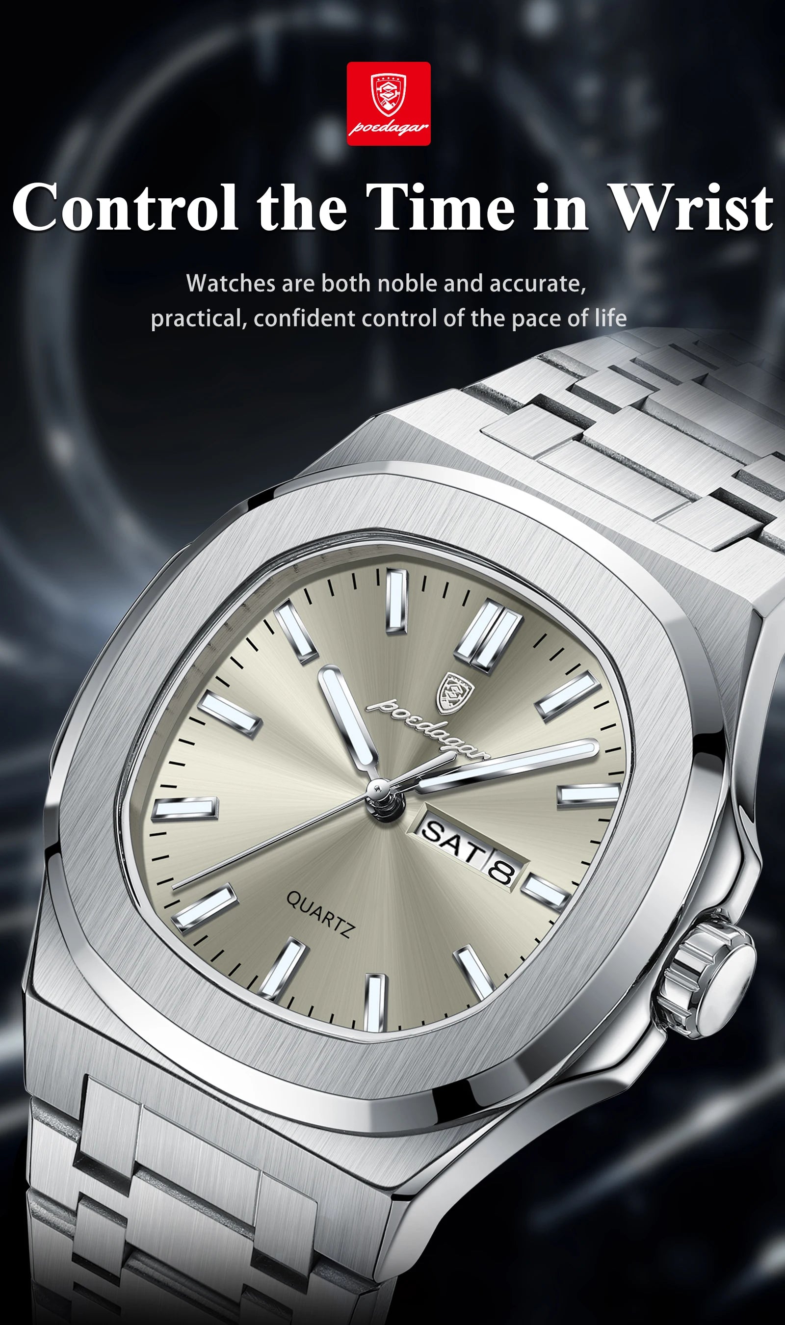 Square Full Calendar Watch – Date & Week Display with Hidden Clasp Bracelet