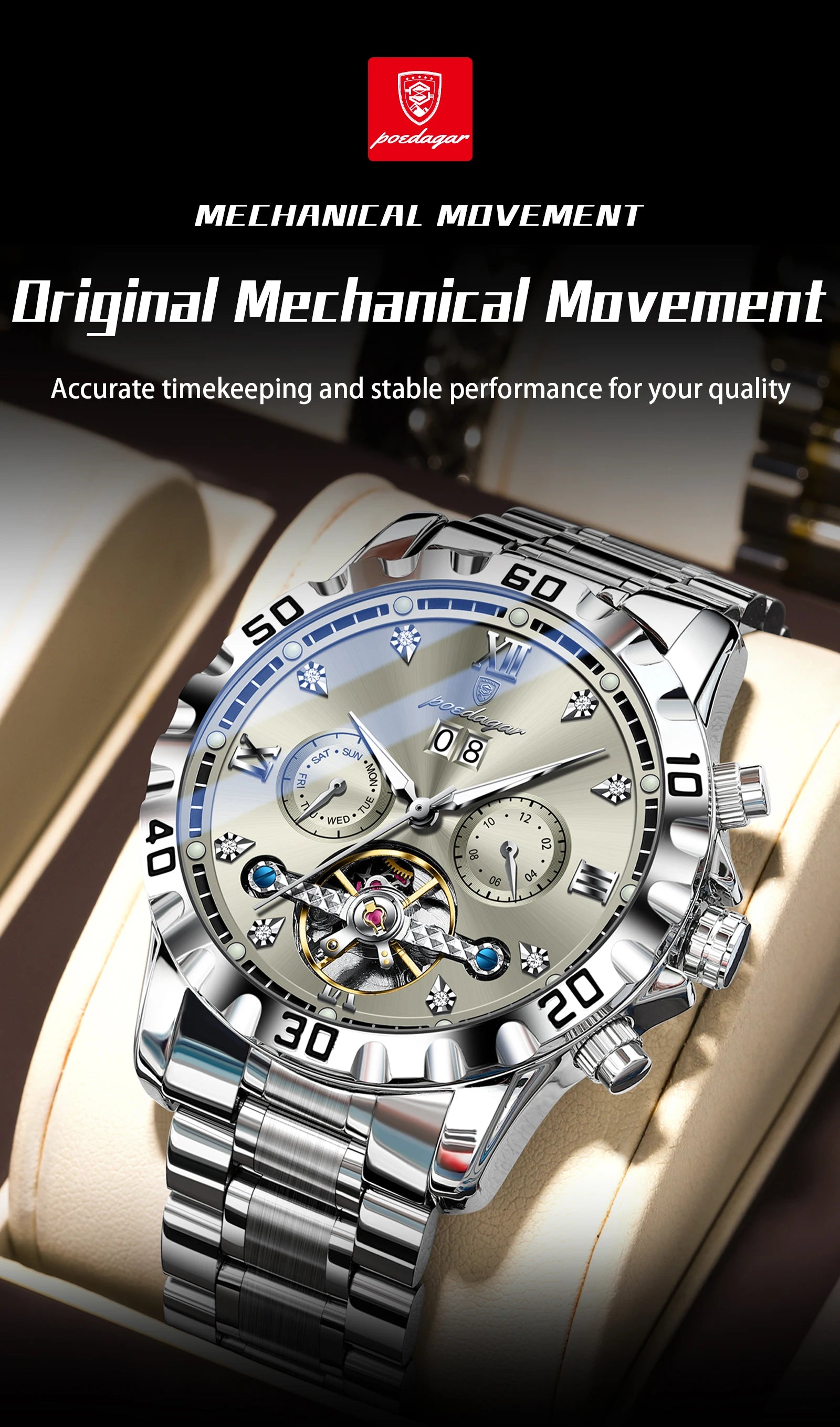 Automatic Tourbillon Style Watch – Sapphire Crystal with Week Display & Hidden Clasp