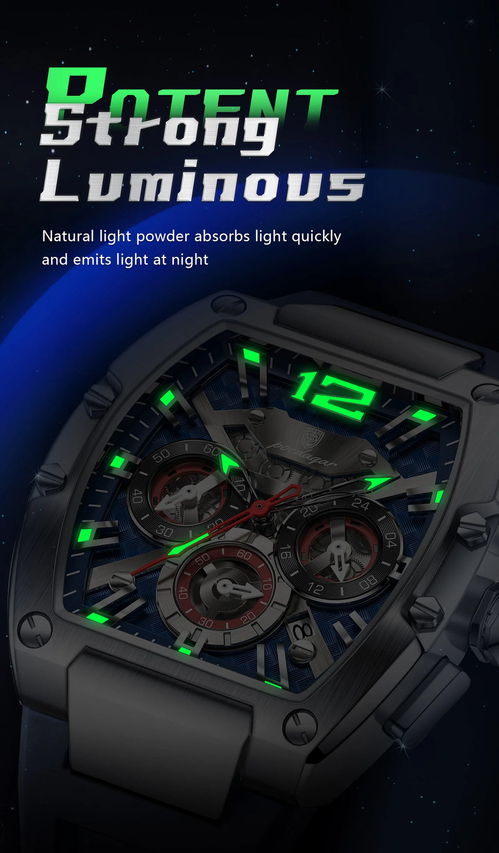 Tonneau Chronograph Watch – Luminous Arabic Dial with Silicone Strap