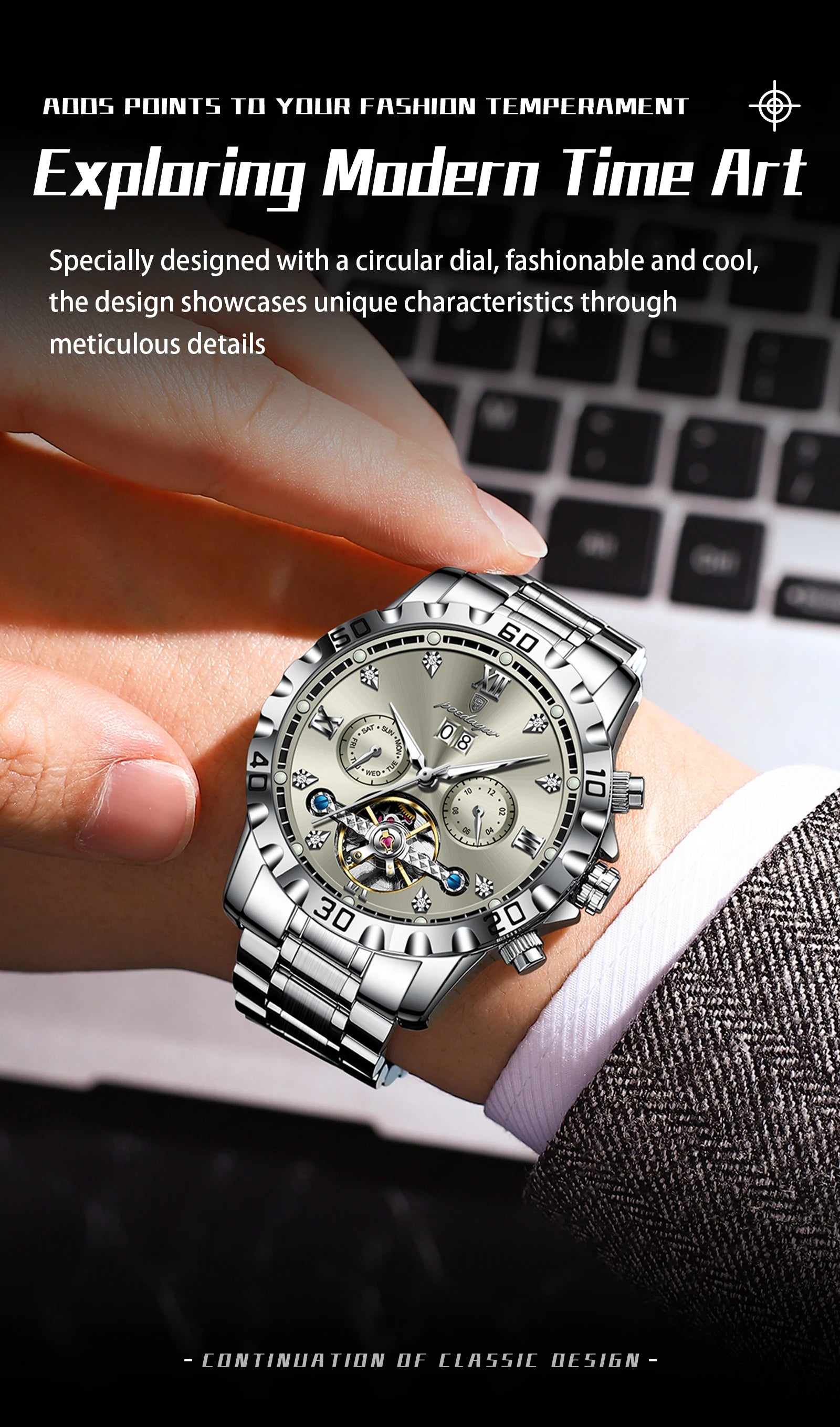 Automatic Tourbillon Style Watch – Sapphire Crystal with Week Display & Hidden Clasp