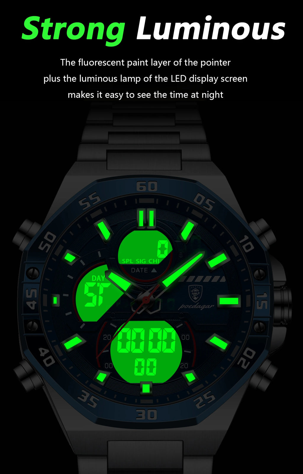 LED Analog-Digital Chronograph Watch – Full Calendar with Alarm & Bracelet