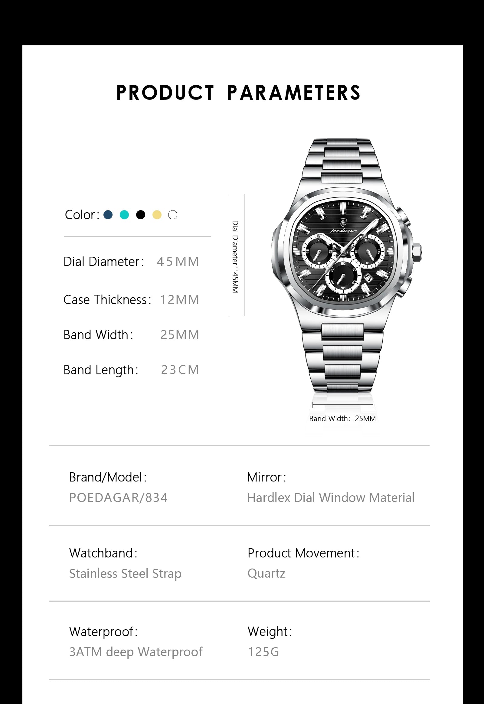 Square Chronograph Watch – Large Numberless Dial with Hidden Clasp Bracelet