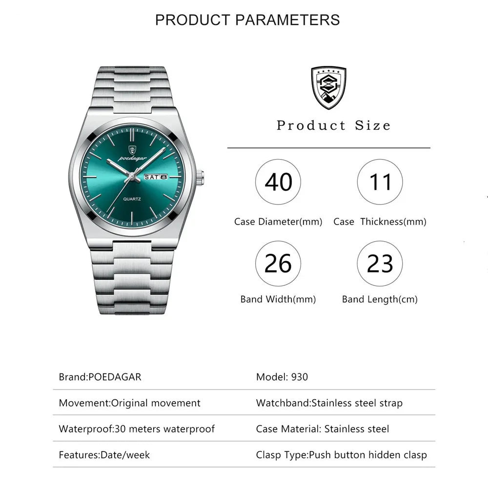 Minimalist Sport Watch – Full Calendar, Luminous Markers & Metal Strap