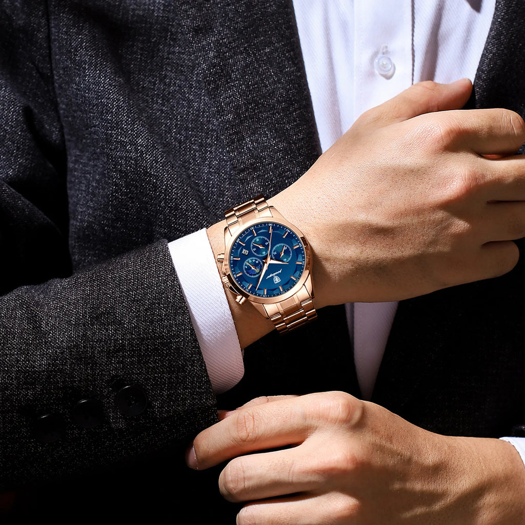 Moon Phase Full Calendar Watch – Luminous Dial with Stainless Steel Bracelet