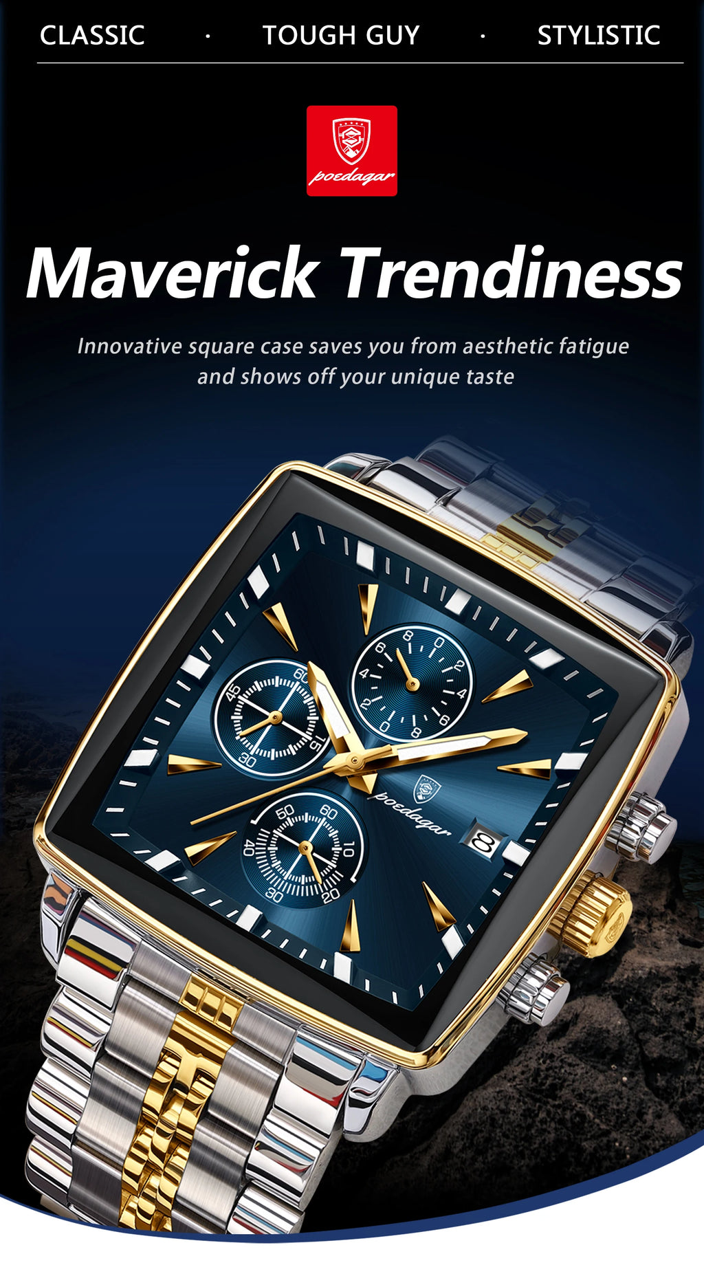Square Chronograph Watch – Numberless Dial with Hidden Clasp Bracelet