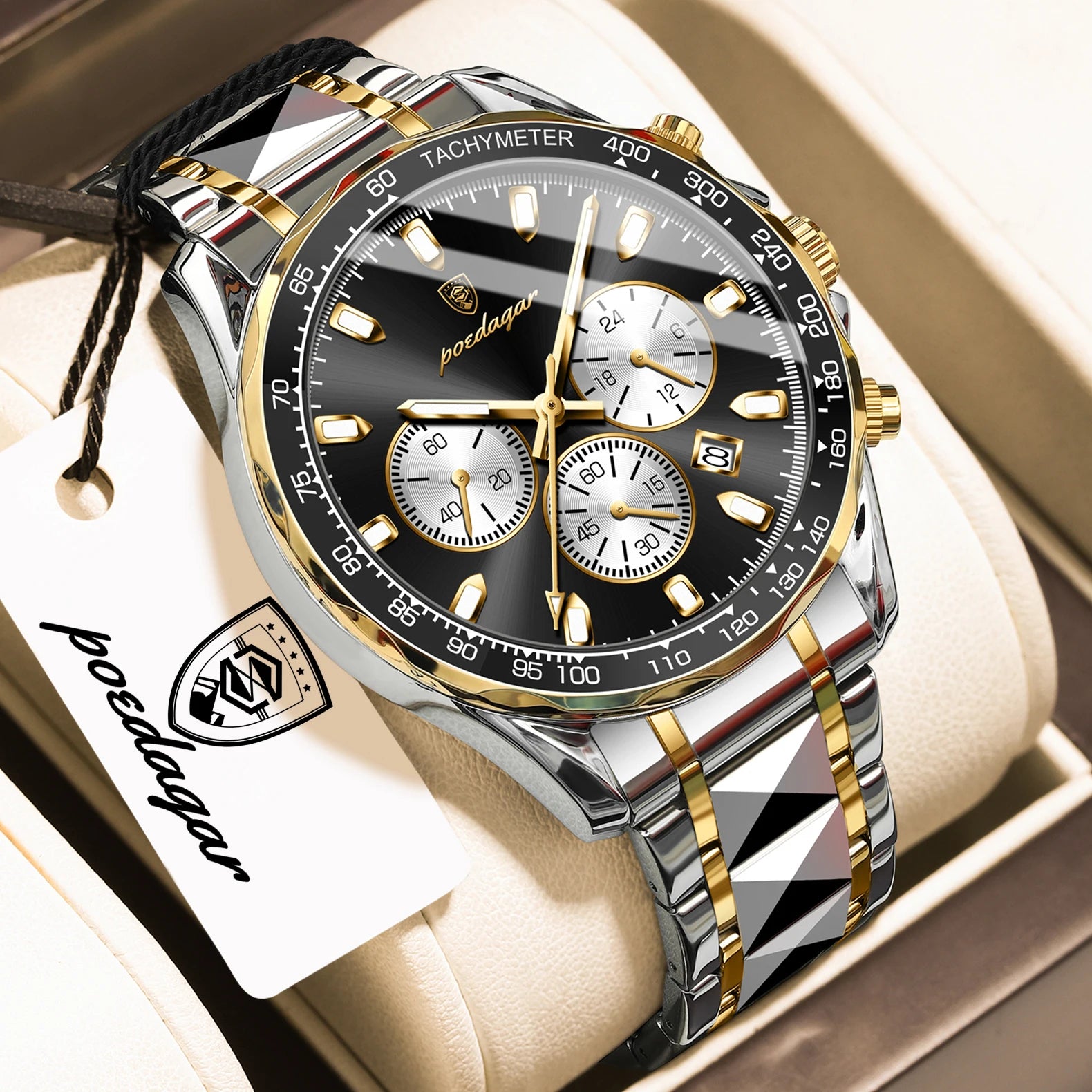 Chronograph Date Watch – Luminous Dial with Hidden Clasp Bracelet