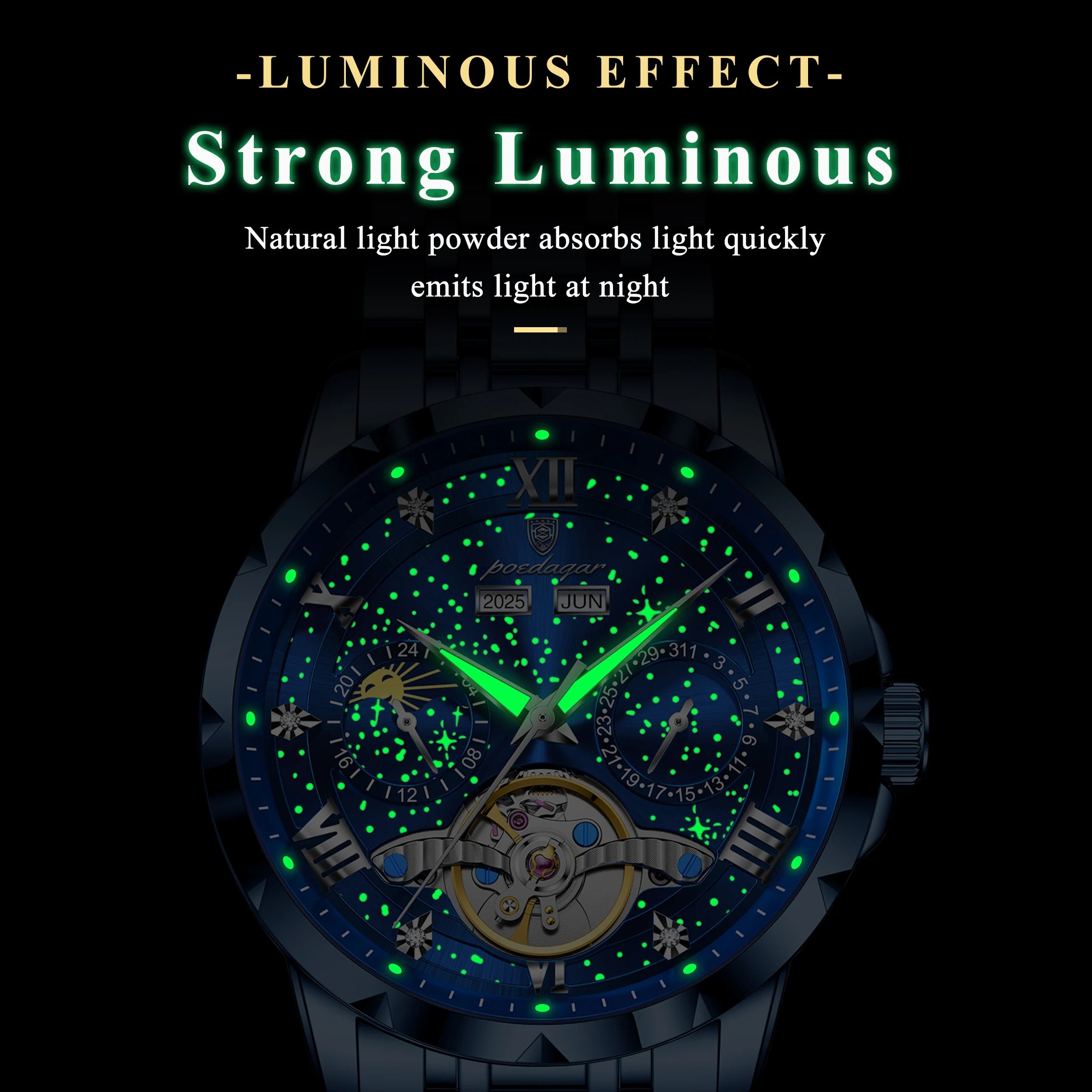 Automatic Skeleton Watch – Tourbillon Style with Roman Numeral Dial & Full Calendar