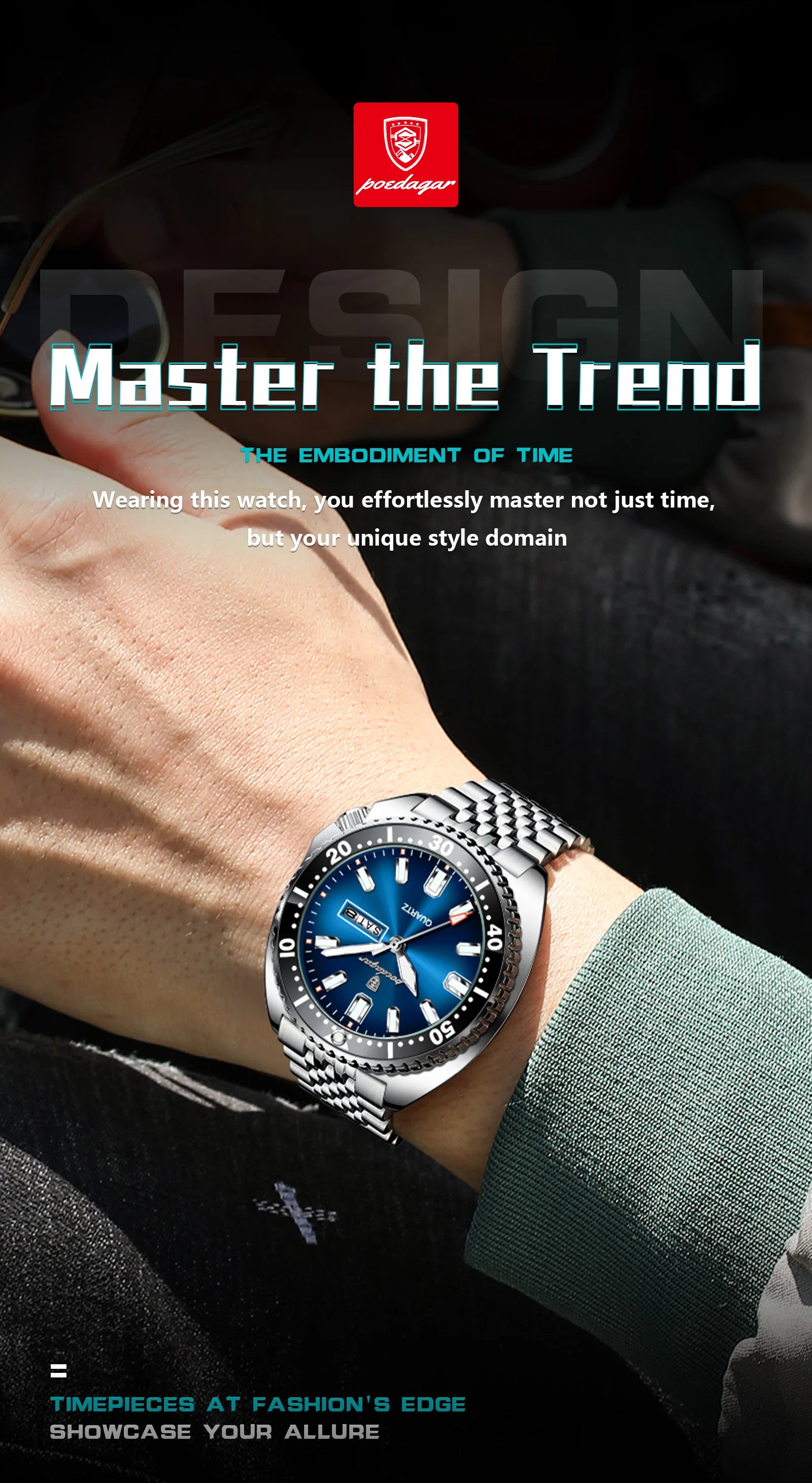 Large Full Calendar Watch – Luminous Numberless Dial with Hidden Clasp Bracelet