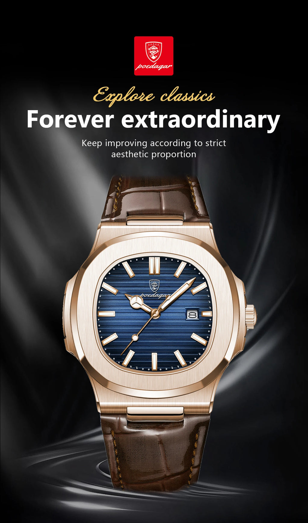Square Leather Watch – Luminous Dial with Date & Classic Buckle