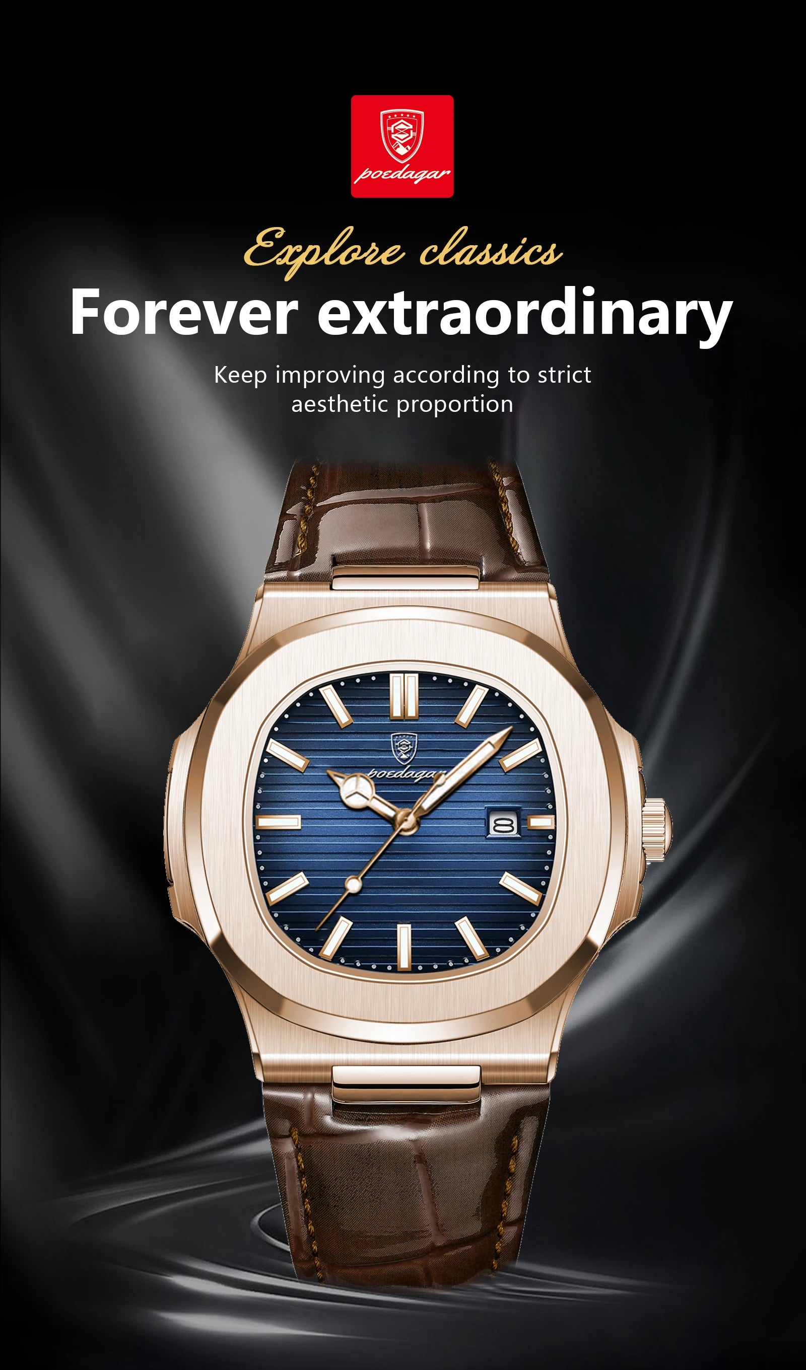 Square Leather Watch – Luminous Dial with Date & Classic Buckle