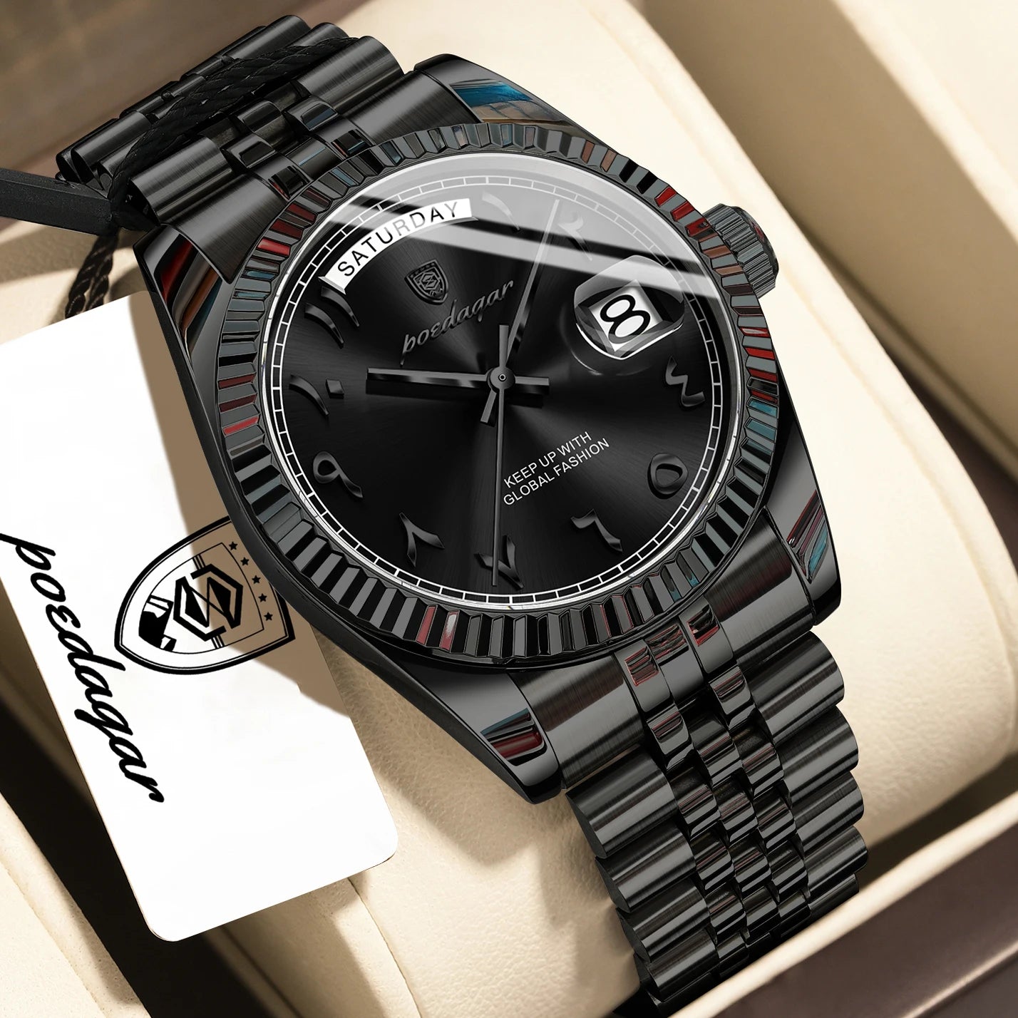 Full Calendar Slim Watch – Date & Week Display with Hidden Clasp Bracelet