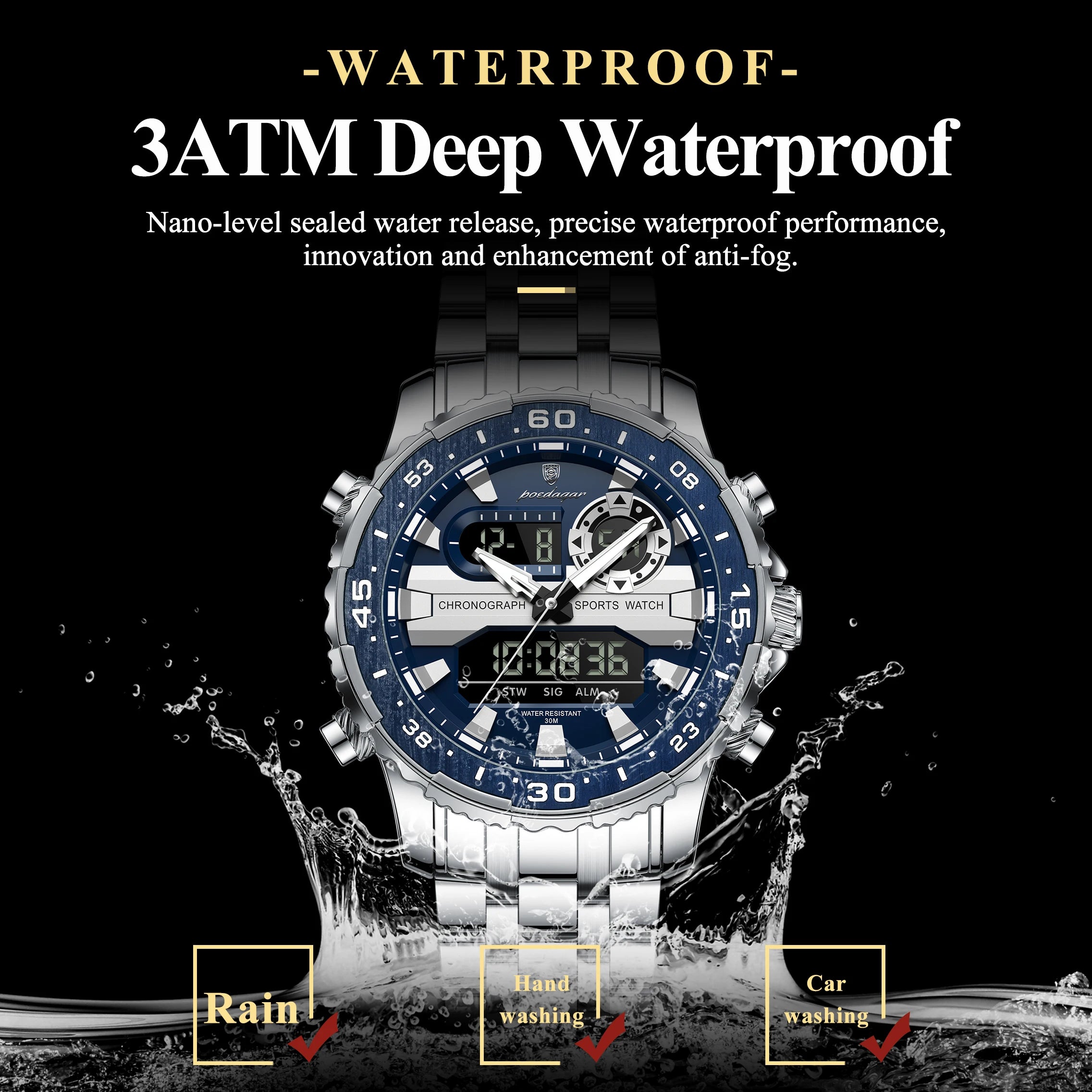 Square Chronograph Watch – Large Numberless Dial with Hidden Clasp Bracelet