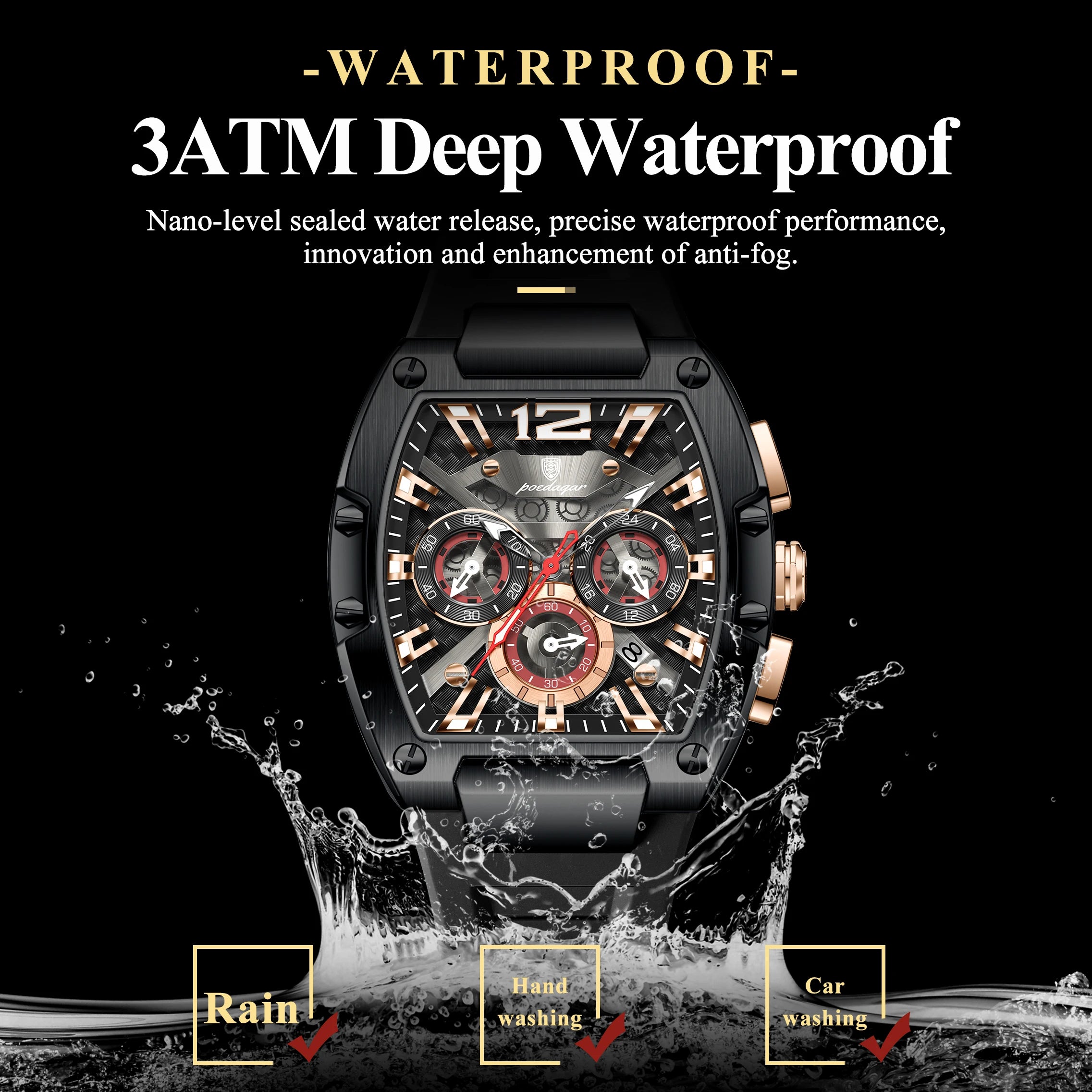 Tonneau Chronograph Watch – Roman Numeral Dial with Sapphire Crystal & Silicone Strap