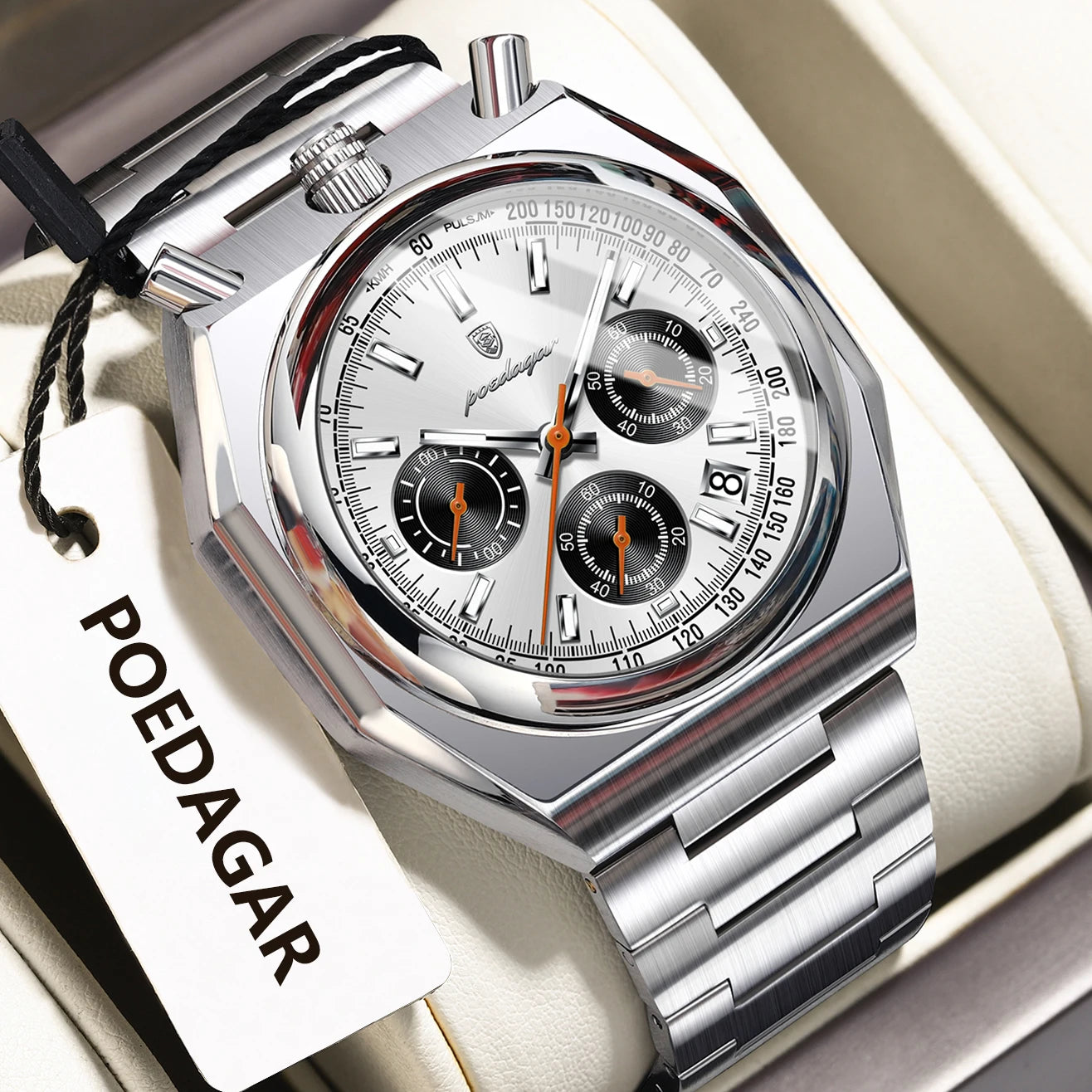 Irregular Chronograph Watch – Bold Numberless Dial with Hidden Clasp Bracelet
