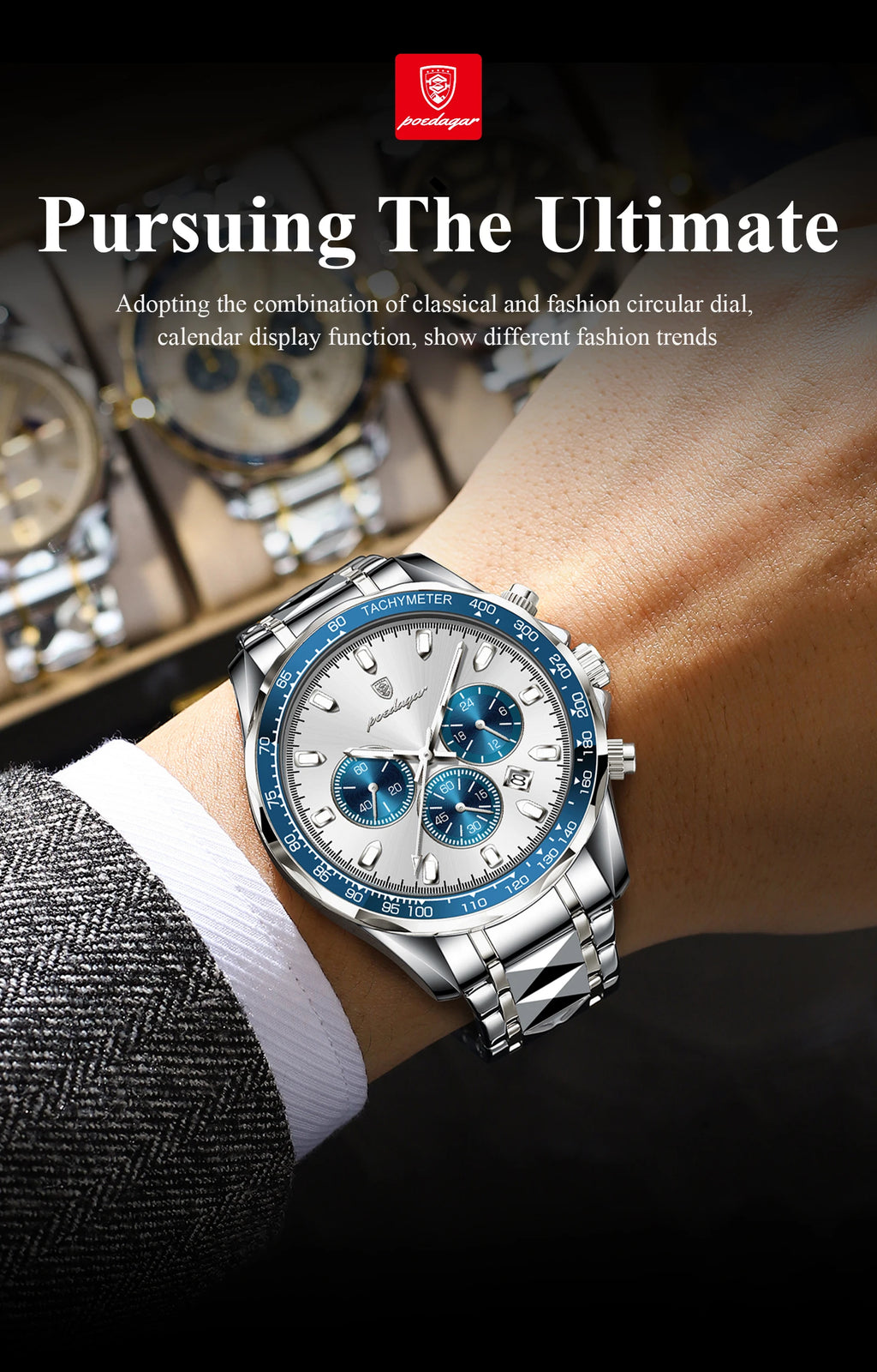 Chronograph Date Watch – Luminous Dial with Hidden Clasp Bracelet