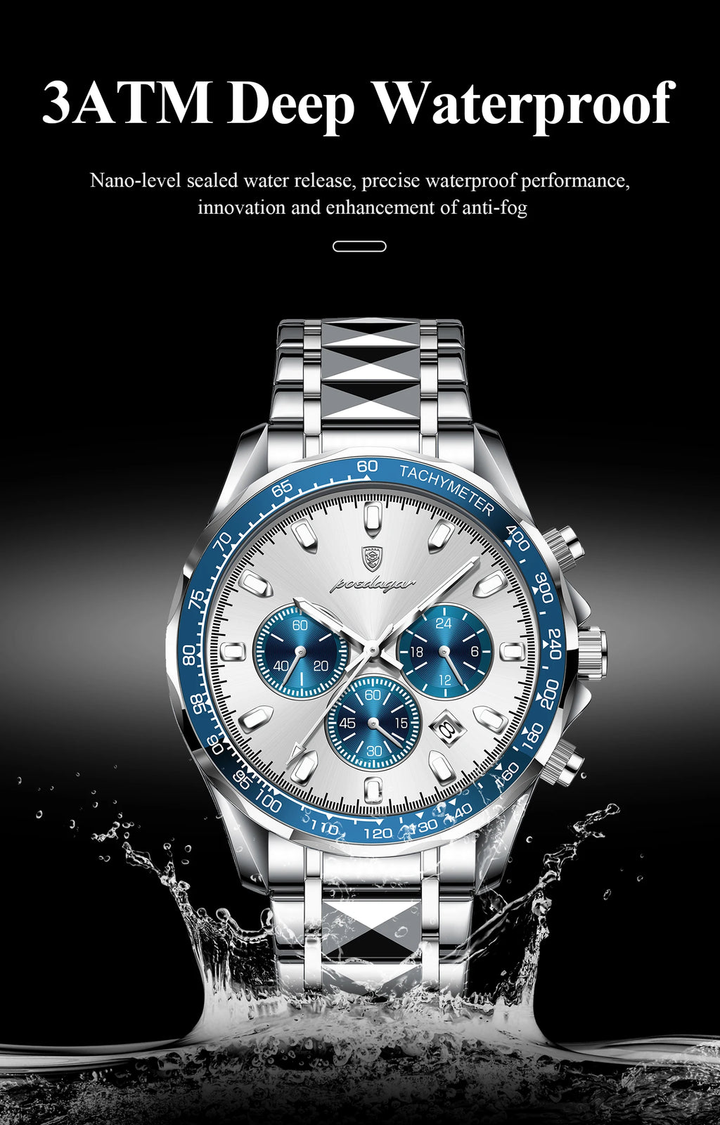 Chronograph Date Watch – Luminous Dial with Hidden Clasp Bracelet