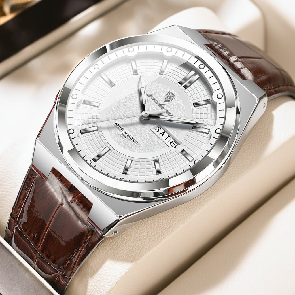 Full Calendar Leather Watch – Luminous Dial with Date & Week Display
