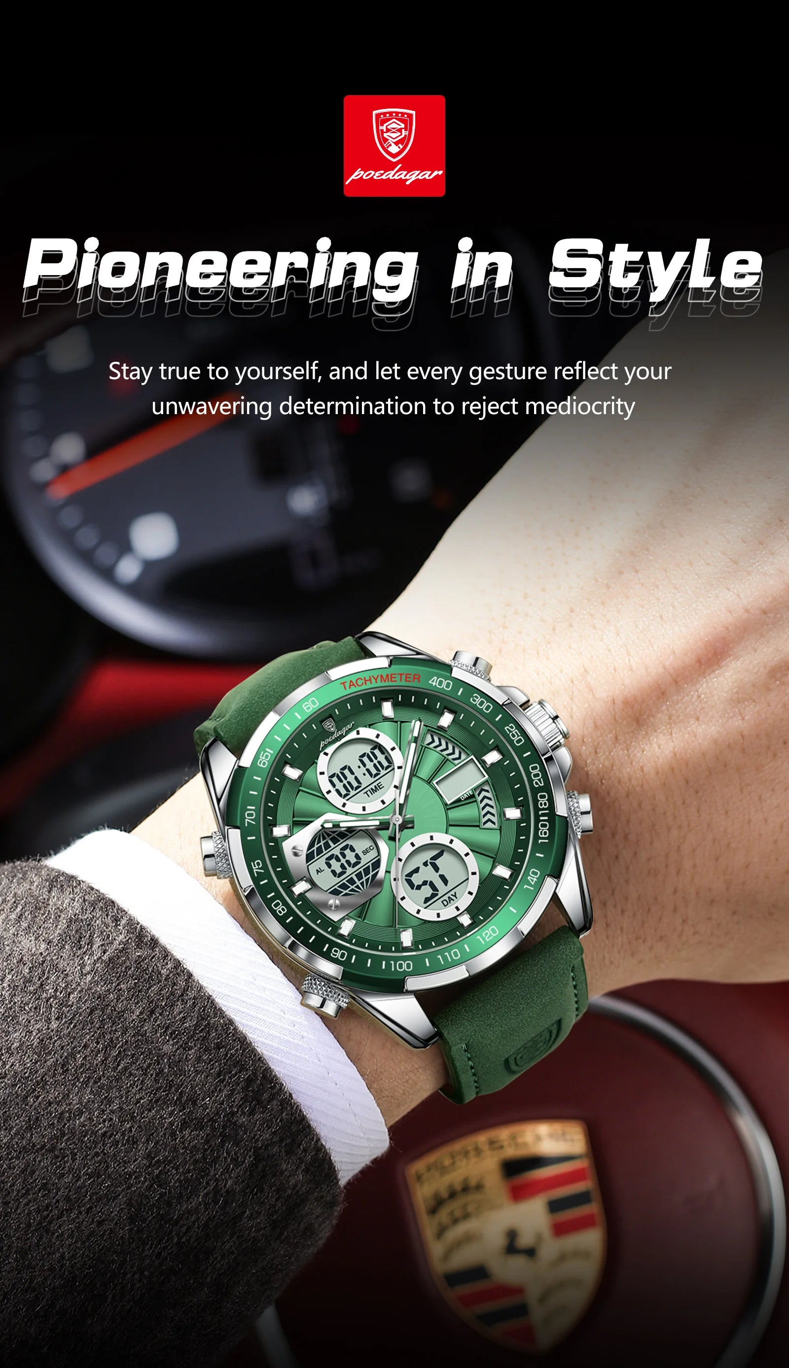 LED Analog-Digital Chronograph Watch – Dual Time & Alarm with Leather Strap