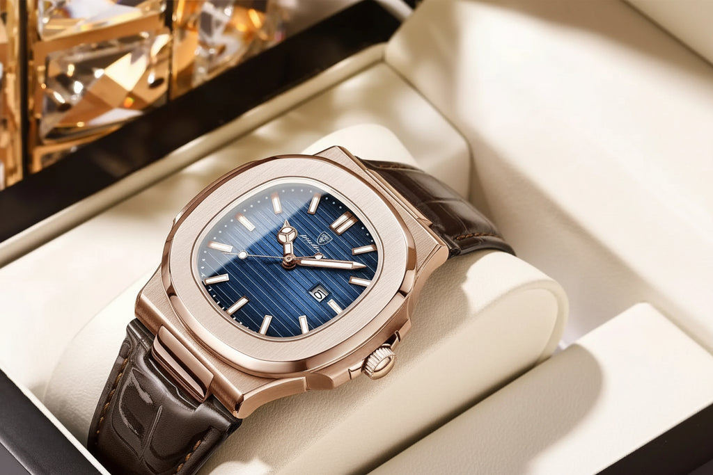 Square Leather Watch – Luminous Dial with Date & Classic Buckle