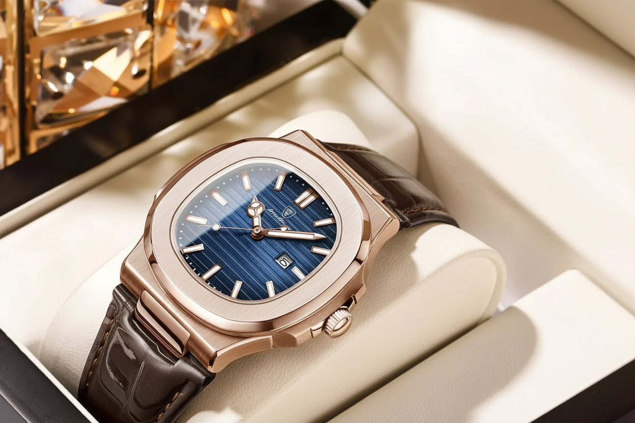 Square Leather Watch – Luminous Dial with Date & Classic Buckle