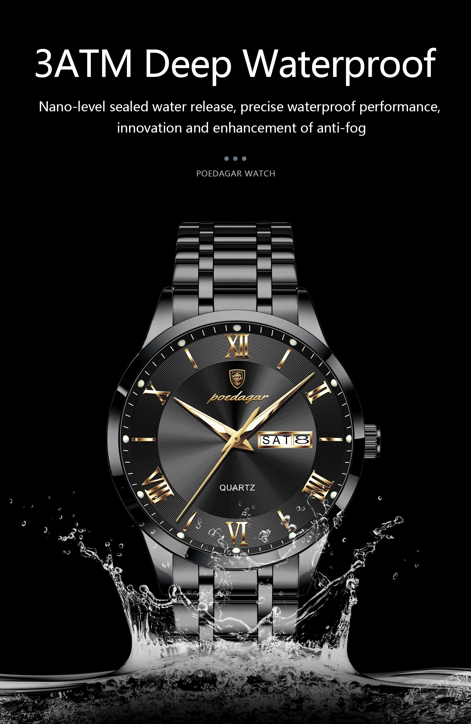 Full Calendar Stainless Steel Watch – Luminous Dial with Date, Week & Hidden Clasp