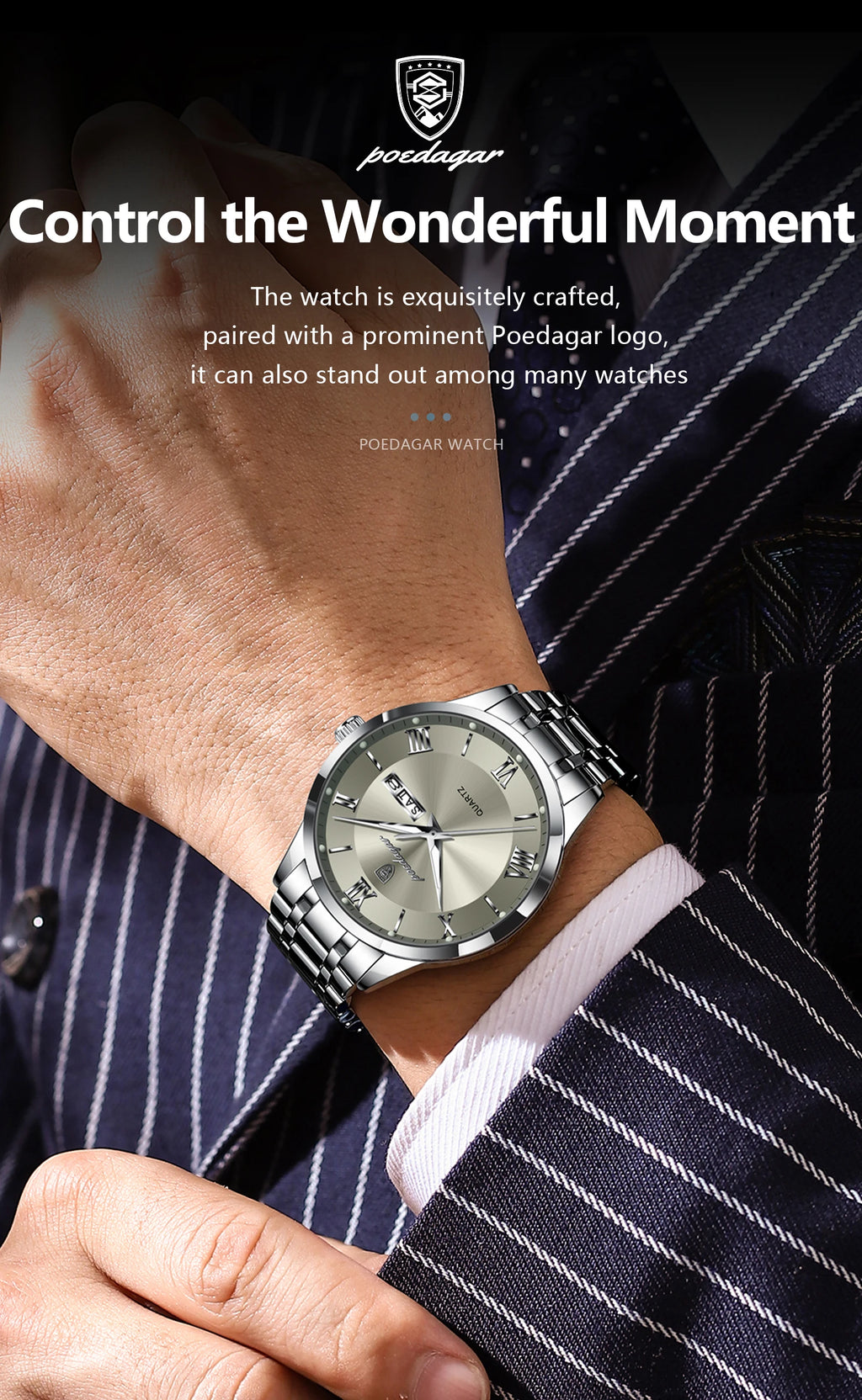 Roman Numeral Full Calendar Watch – Luminous Dial with Date, Week & Hidden Clasp
