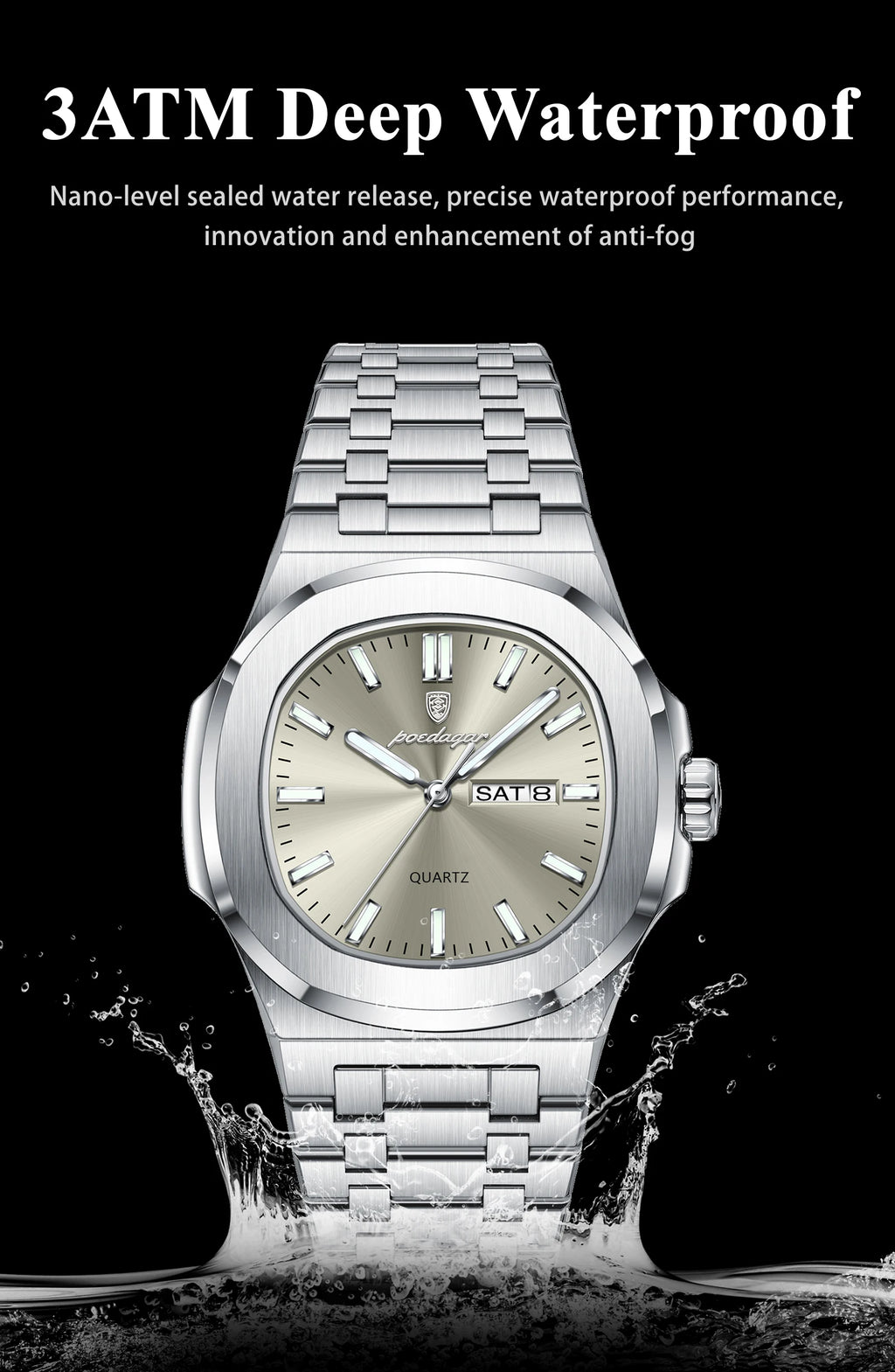 Square Full Calendar Watch – Date & Week Display with Hidden Clasp Bracelet