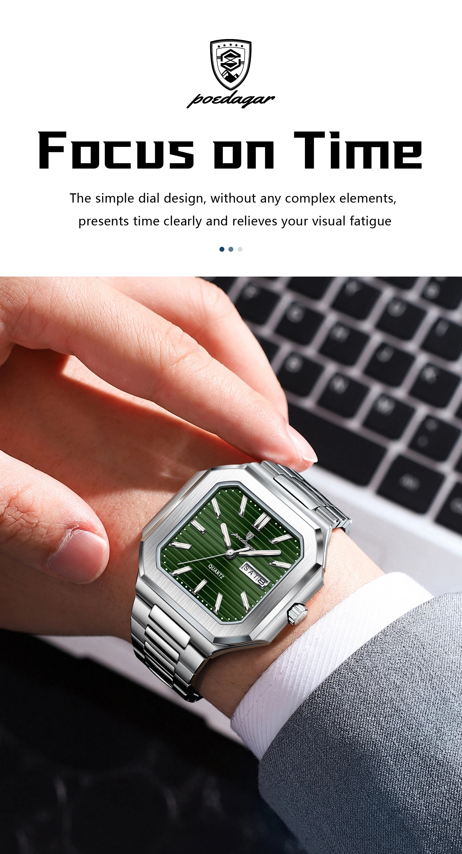 Square Stainless Steel Watch – Luminous Numberless Dial with Hidden Clasp