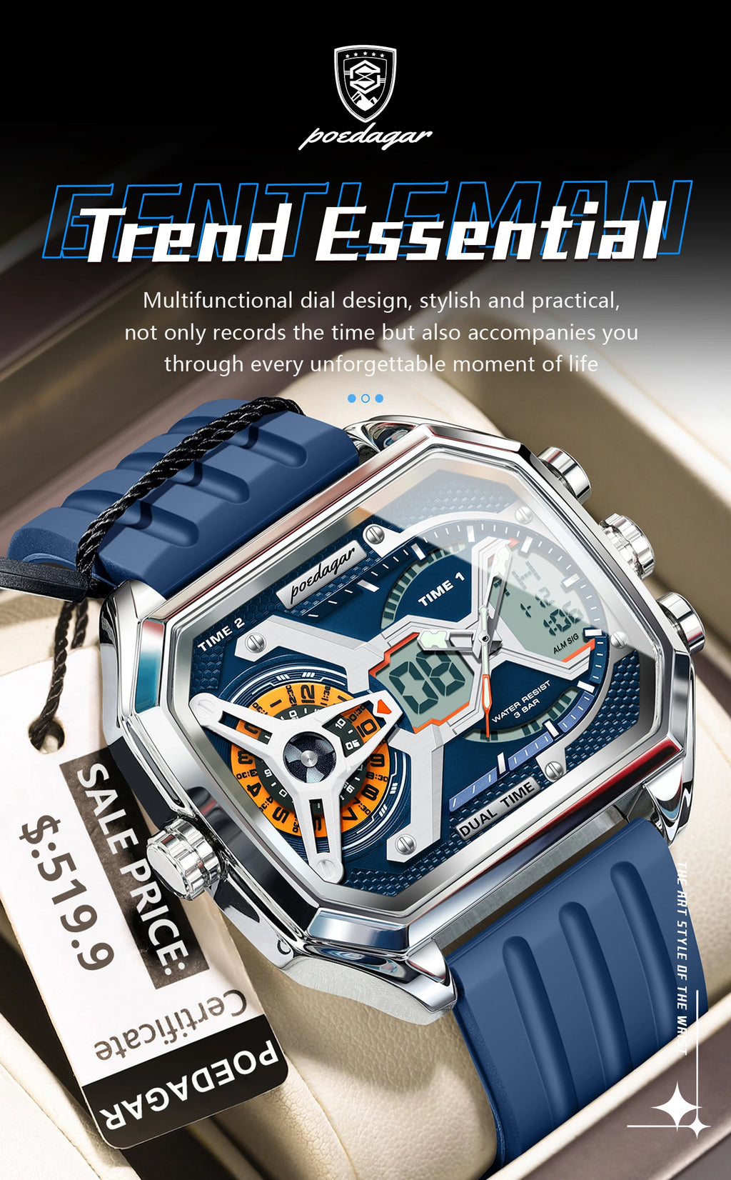 LED Analog-Digital Chronograph Watch – Dual Time & Alarm with Silicone Strap