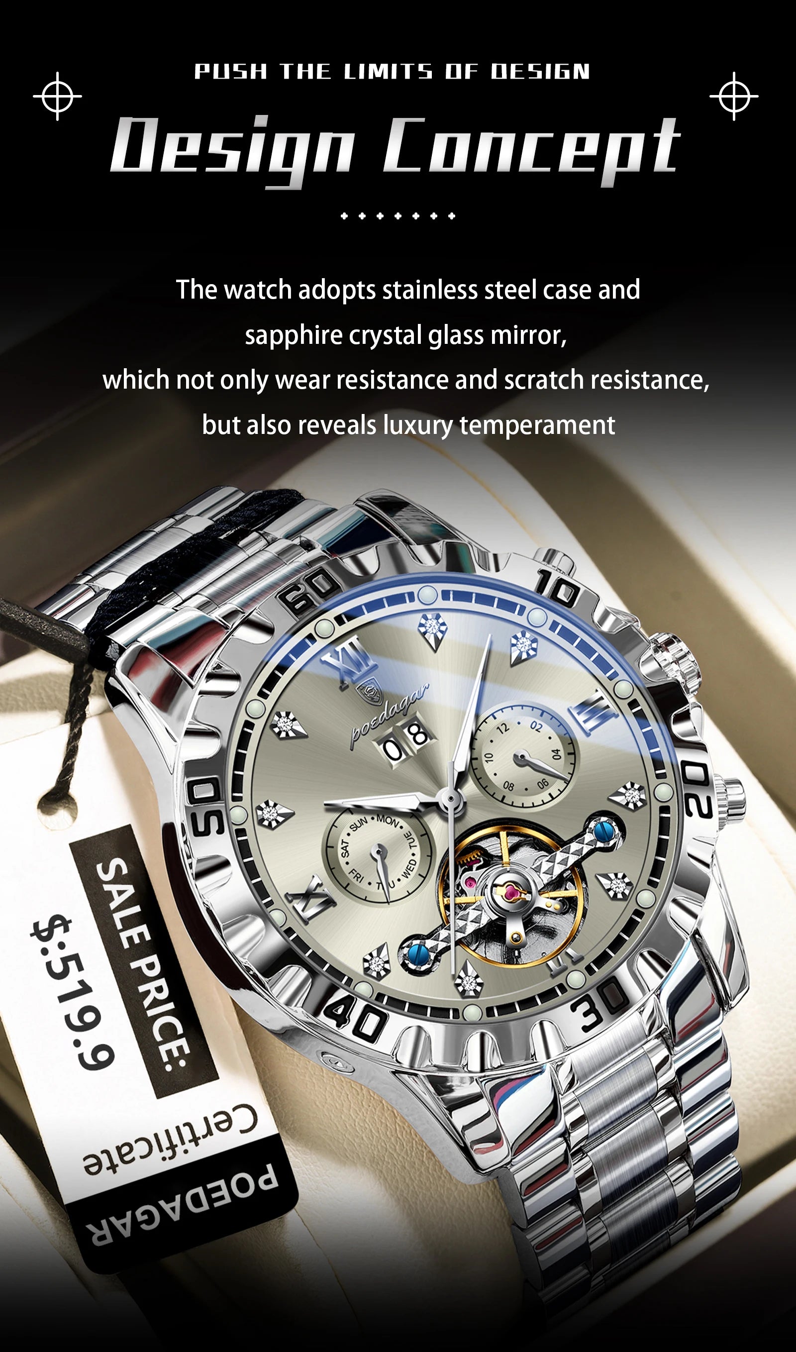 Automatic Tourbillon Style Watch – Sapphire Crystal with Week Display & Hidden Clasp