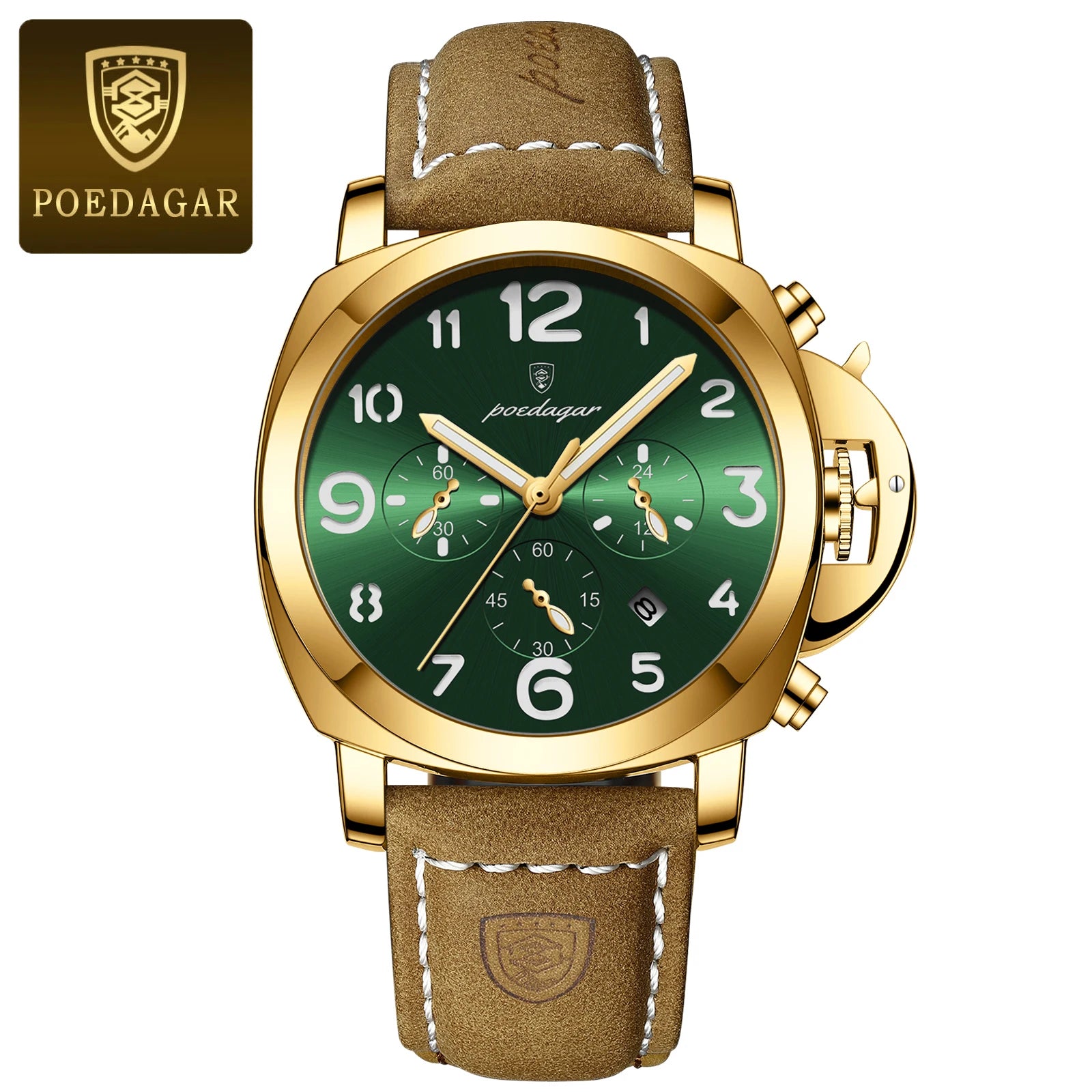 Chronograph Leather Watch – Bold Arabic Dial with Date & Luminous Hands