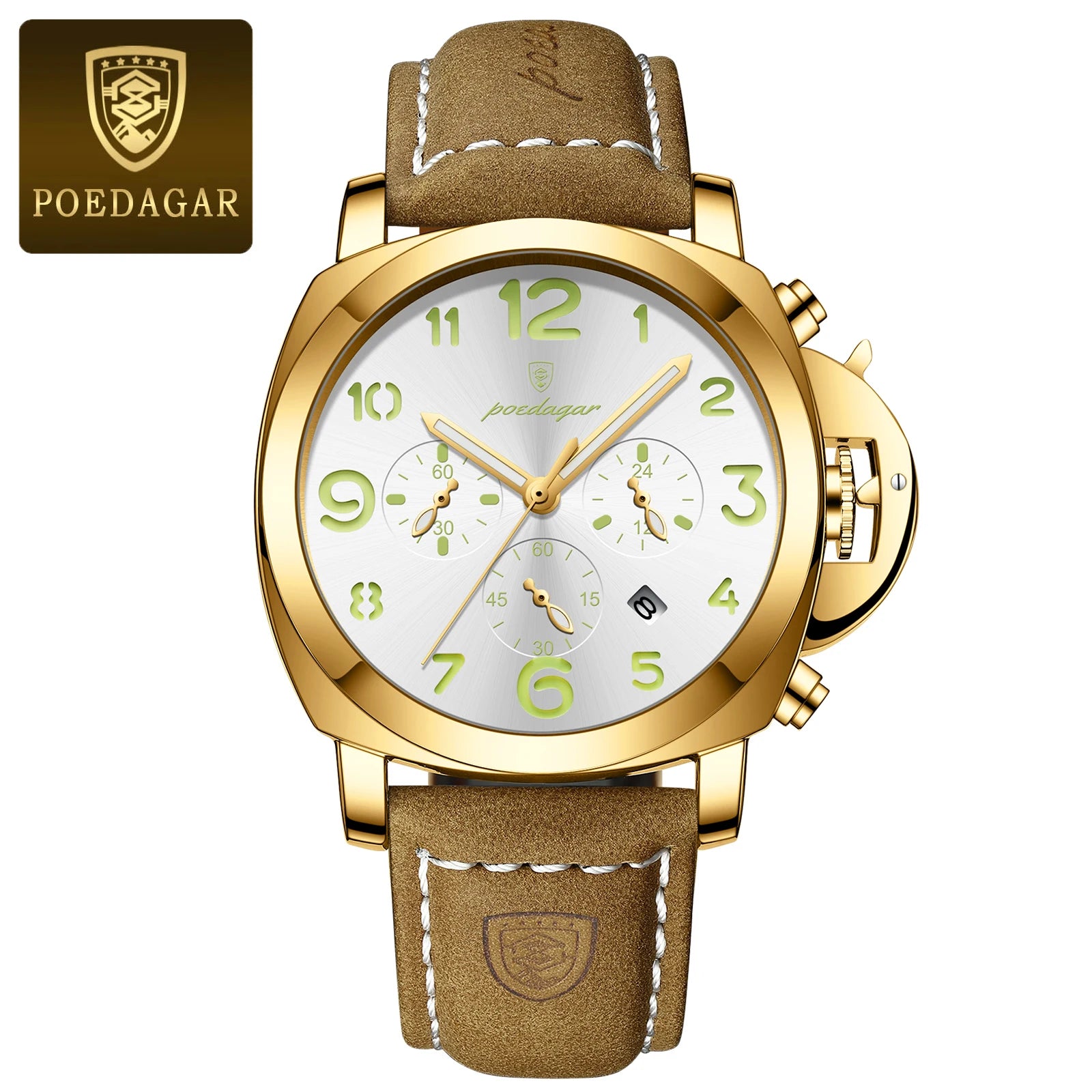 Military Style Chronograph Watch – Luminous Leather Strap with Date