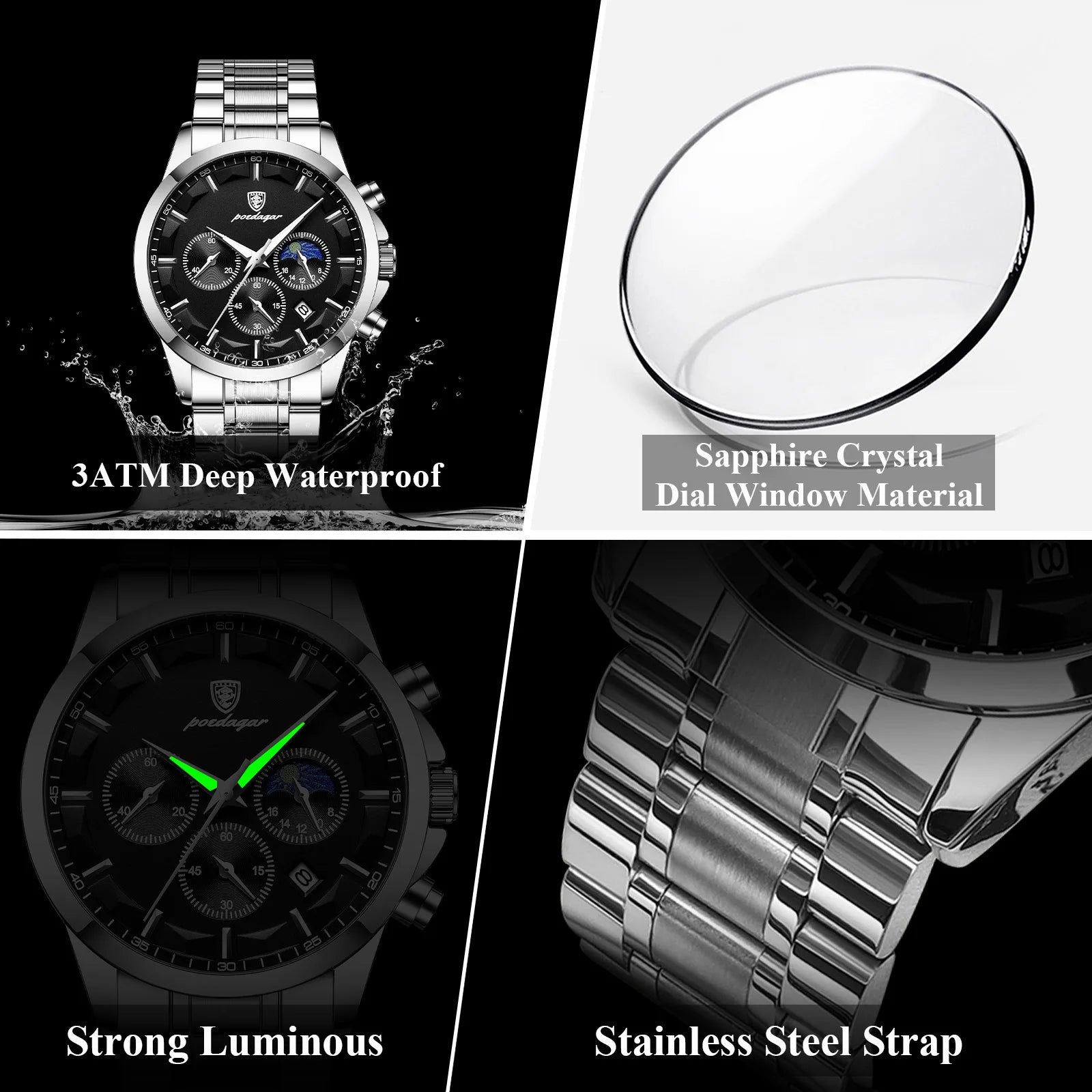Chronograph Date Watch – Luminous Numberless Dial with Bracelet Clasp