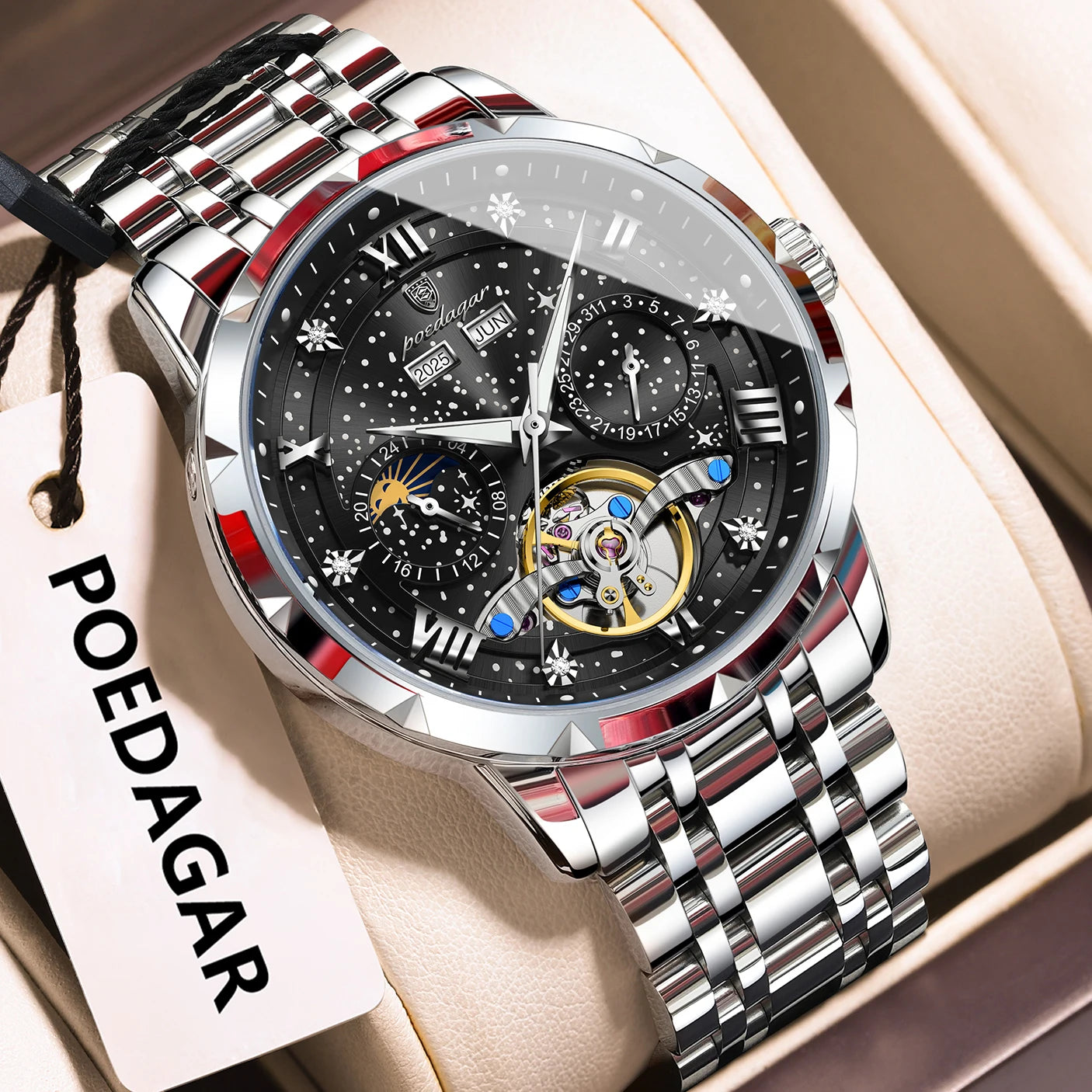 Automatic Skeleton Watch – Tourbillon Style with Roman Numeral Dial & Full Calendar