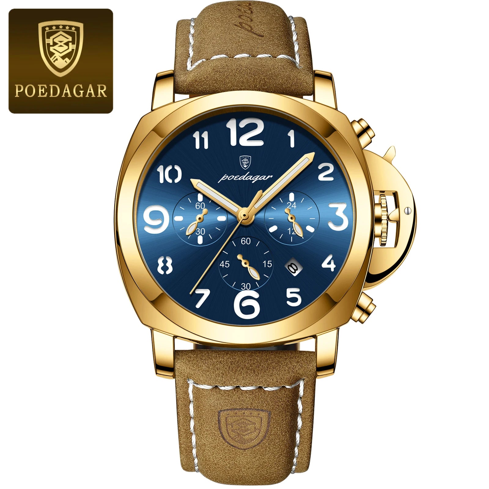 Military Style Chronograph Watch – Luminous Leather Strap with Date