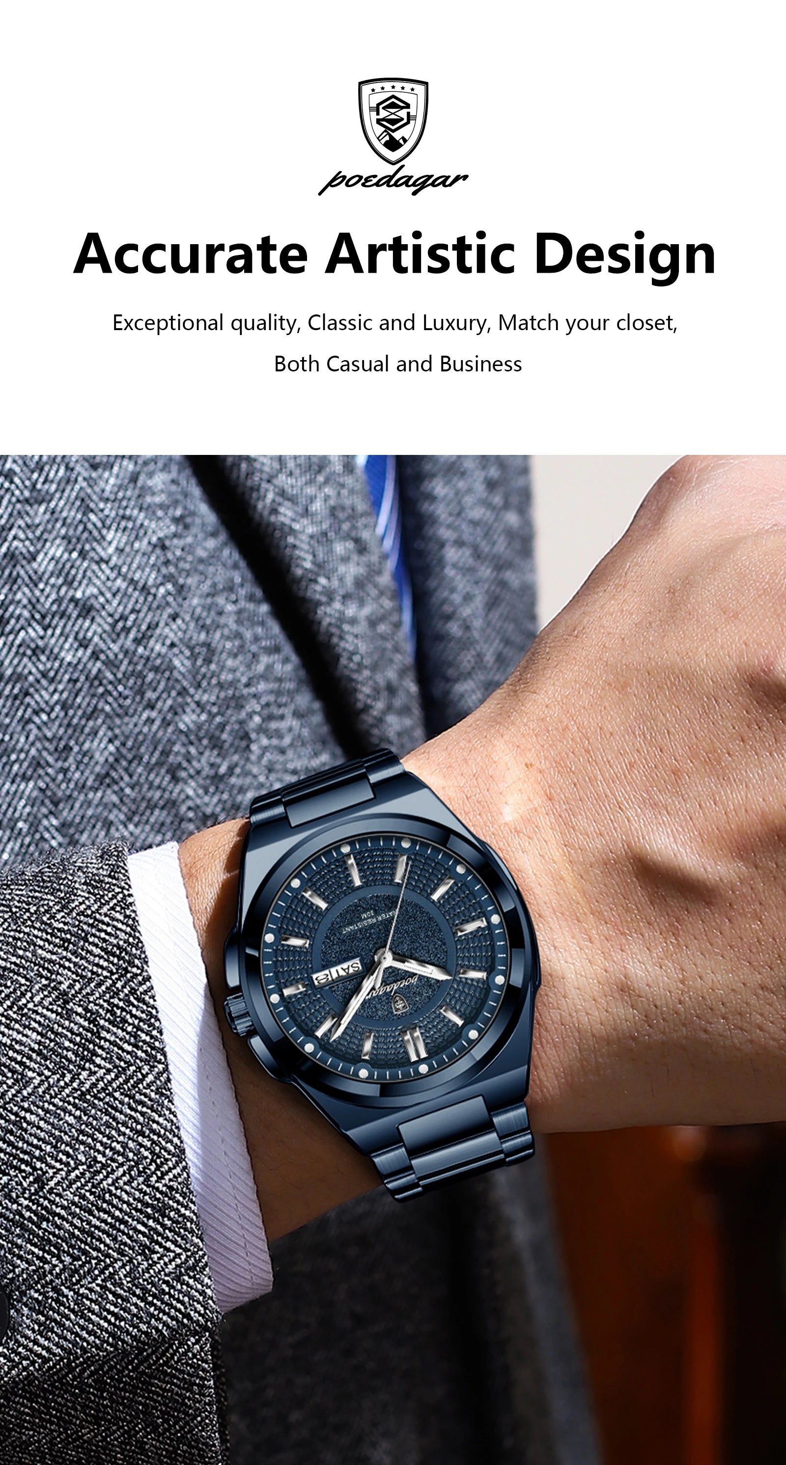 Full Calendar Sport Watch – Luminous Dial with Hidden Clasp Bracelet