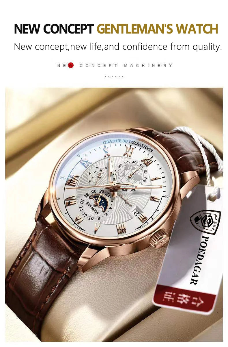 Roman Numeral Full Calendar Watch – Stainless Steel Bracelet with Stopwatch