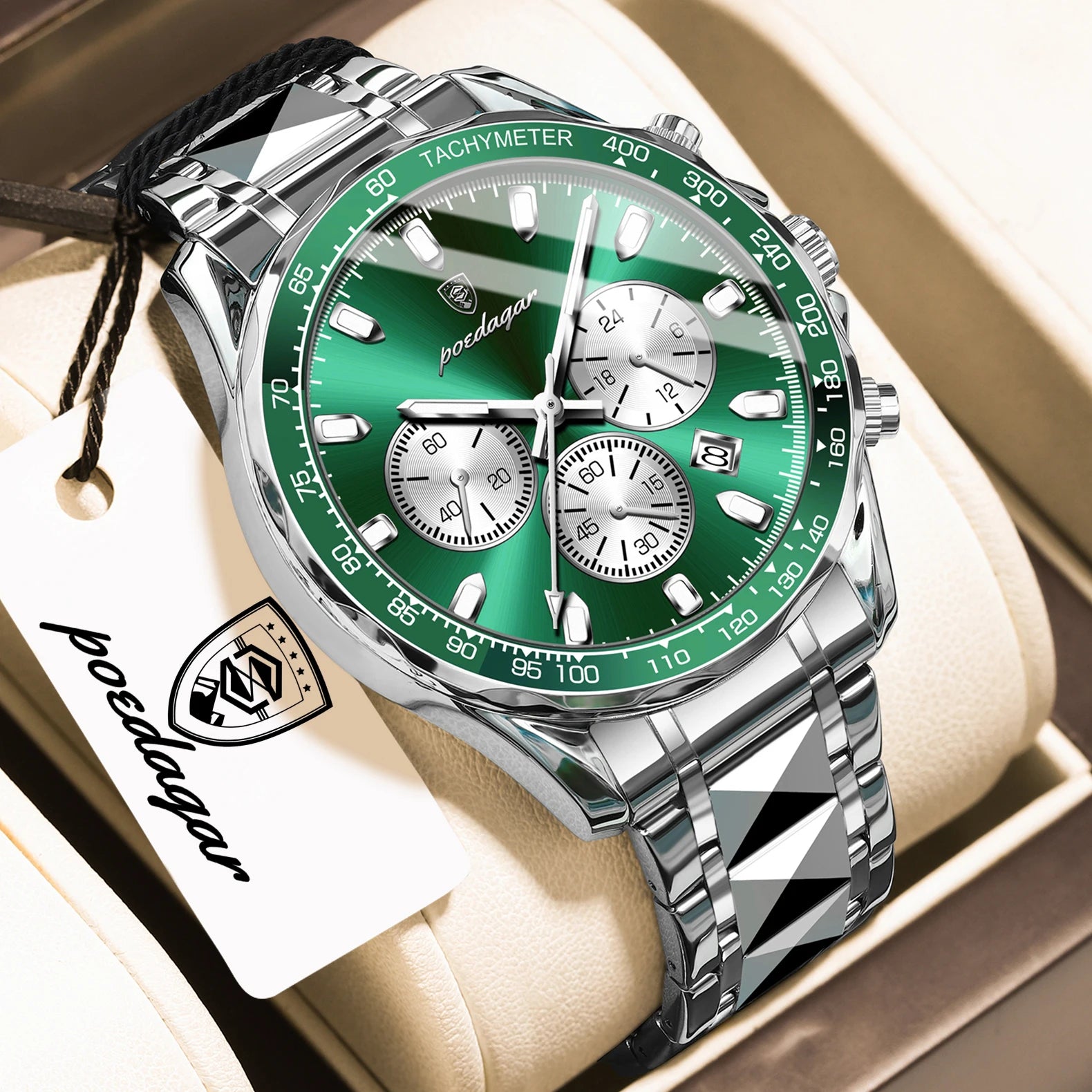 Chronograph Date Watch – Luminous Dial with Hidden Clasp Bracelet