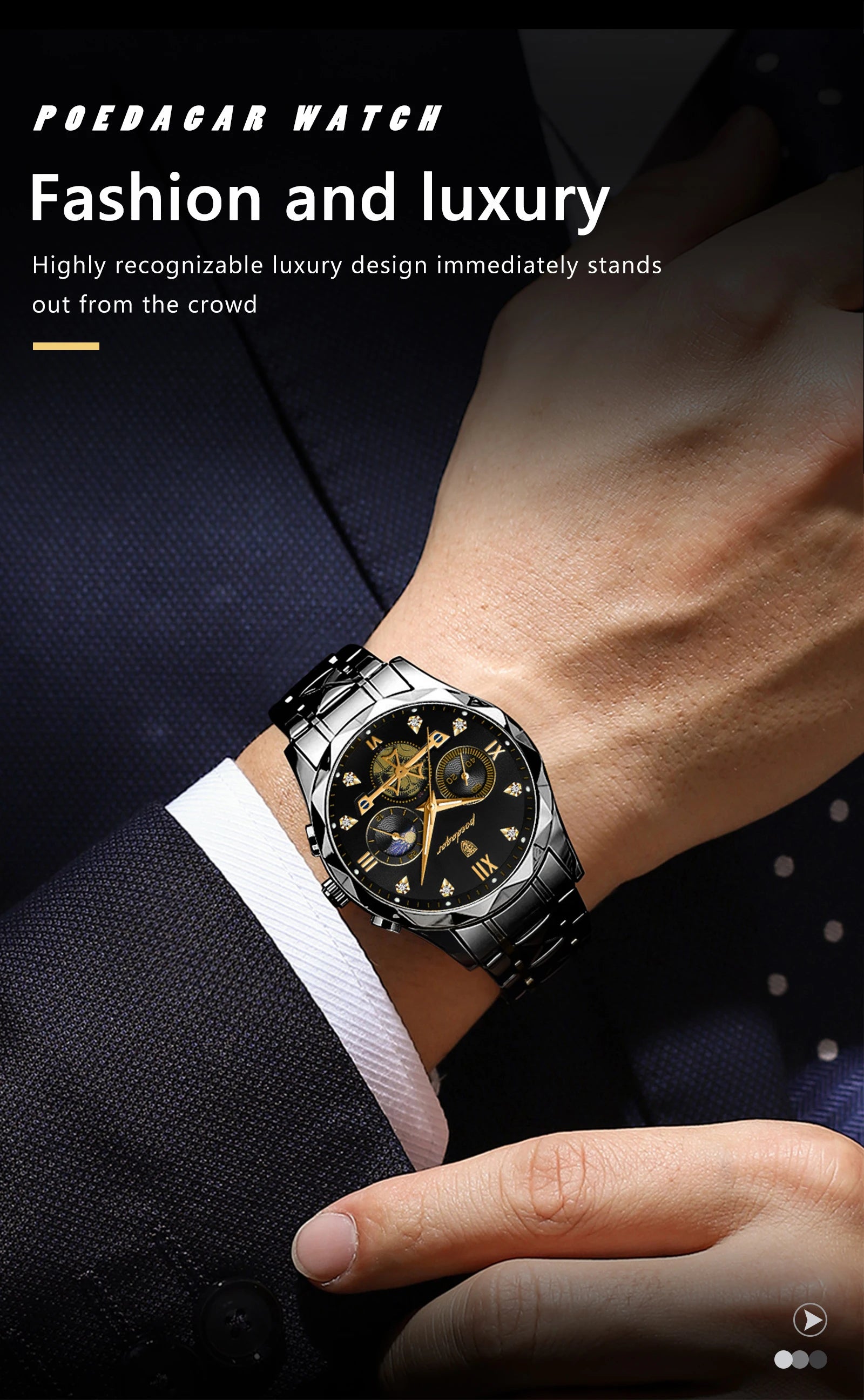 Round Chronograph Watch – Roman Numeral Dial with Hidden Clasp Bracelet