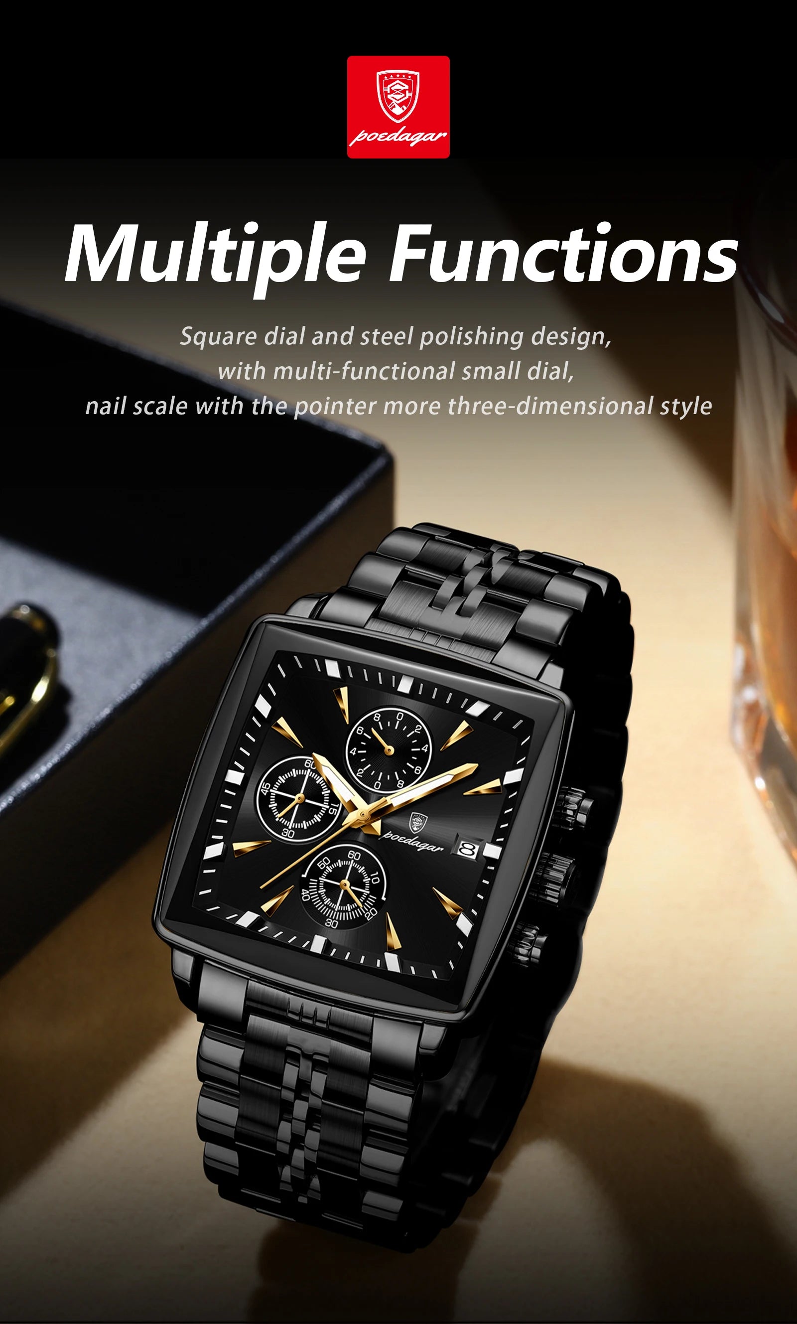Square Chronograph Watch – Luminous Numberless Dial with Hidden Clasp Bracelet
