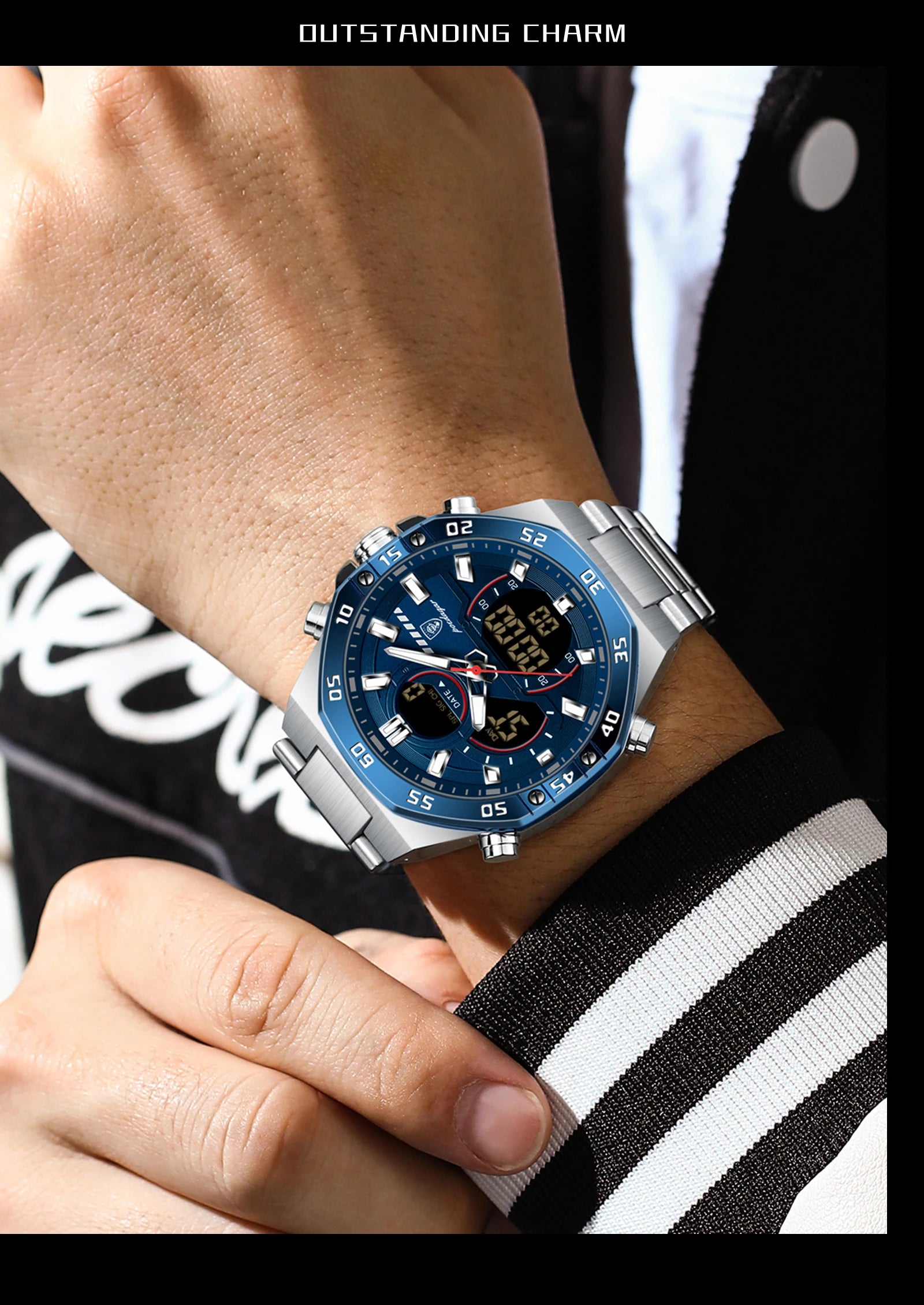 LED Analog-Digital Chronograph Watch – Full Calendar with Alarm & Bracelet